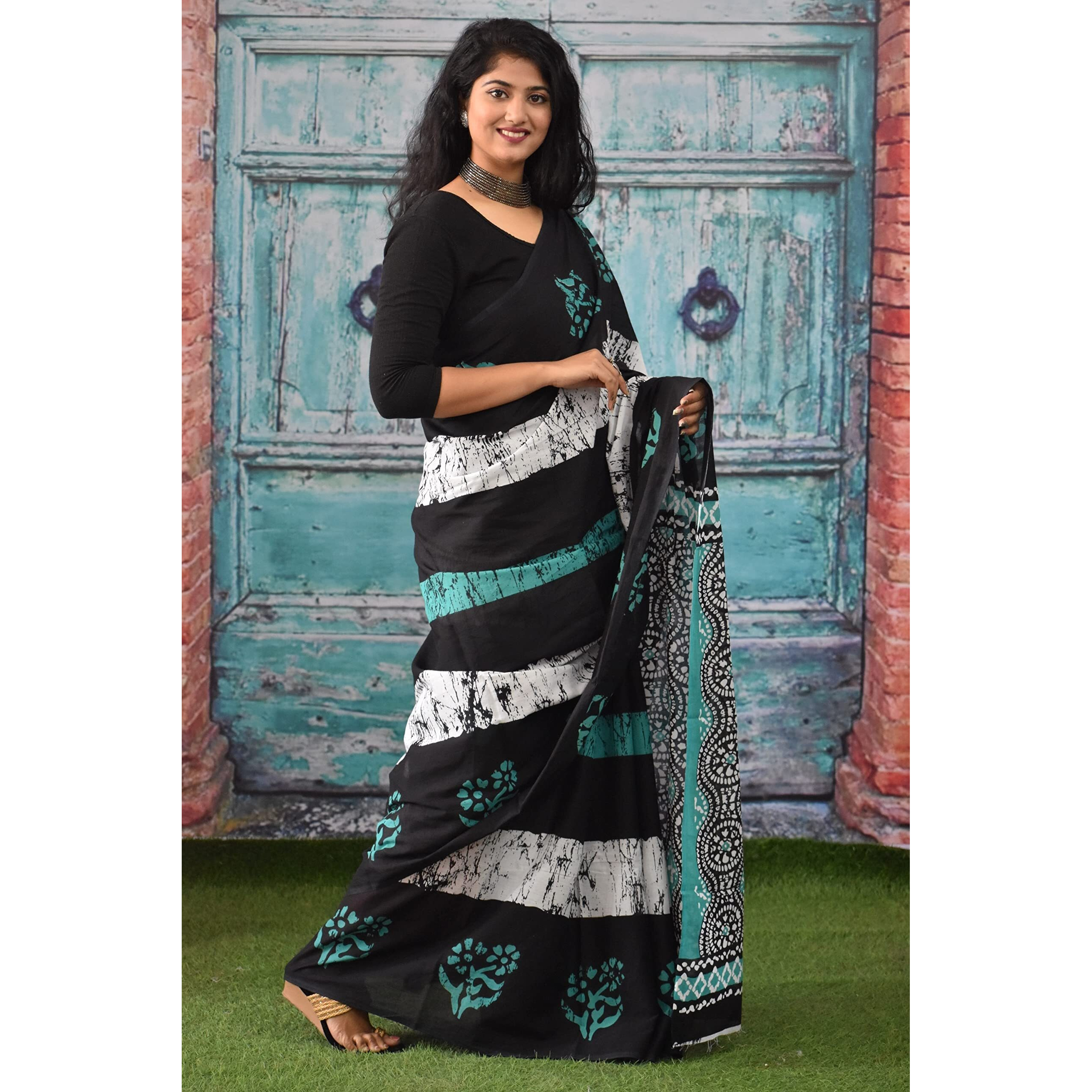 JALTHER Handicrafts Womens Ikat Hand Block Print Jaipuri Cotton Mulmul Saree with Blouse Piece - Black_297