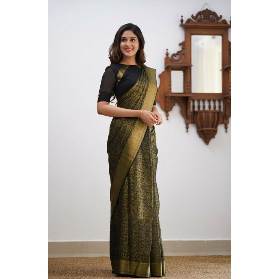 Flosive Womens Kanjivaram Silk Saree With Handloom Weaving Work With Blouse (BLACK)