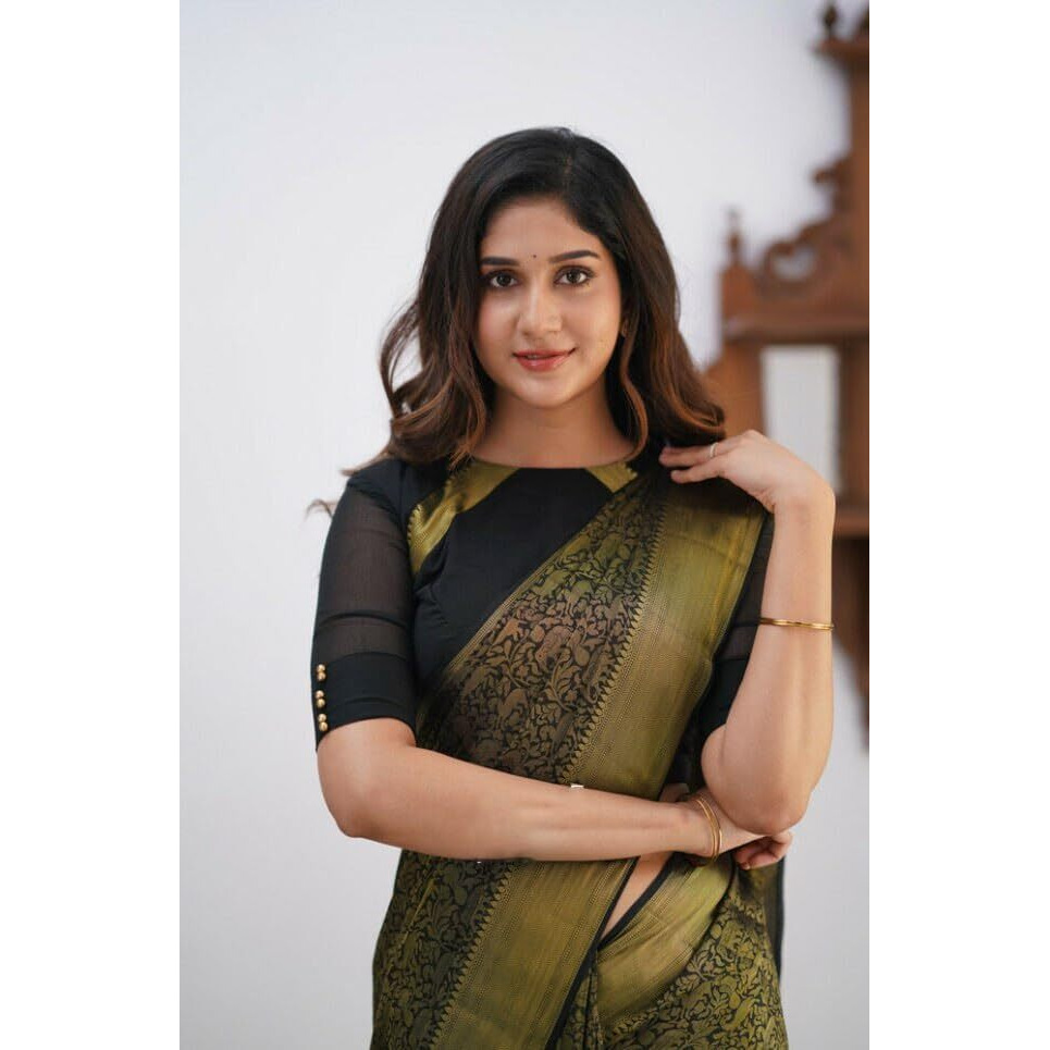 Flosive Womens Kanjivaram Silk Saree With Handloom Weaving Work With Blouse (BLACK)