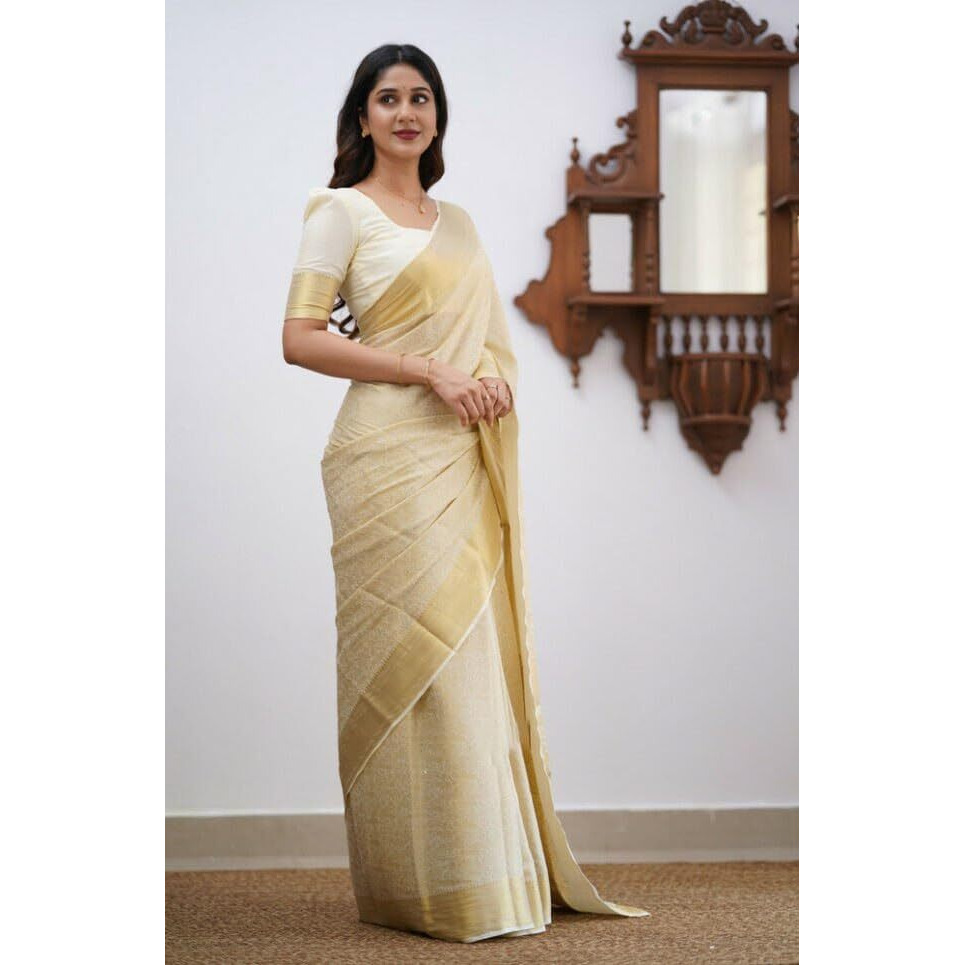 Flosive Womens Kanjivaram Silk Saree With Handloom Weaving Work With Blouse (CREAM)