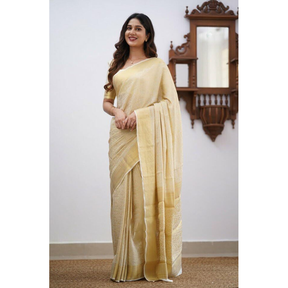 Flosive Womens Kanjivaram Silk Saree With Handloom Weaving Work With Blouse (CREAM)