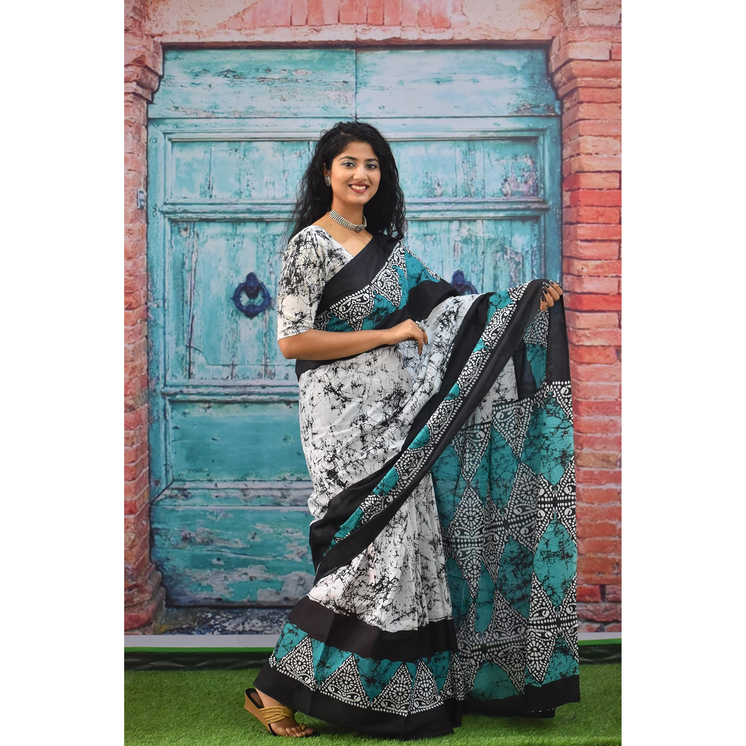 JALTHER Handicrafts Womens Ikat Hand Block Print Jaipuri Cotton Mulmul Saree with Blouse Piece - Turquiose_295