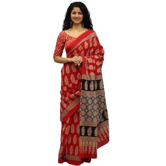 JALTHER Handicrafts Womens Ikat Hand Block Print Jaipuri Cotton Mulmul Saree with Blouse Piece - _3