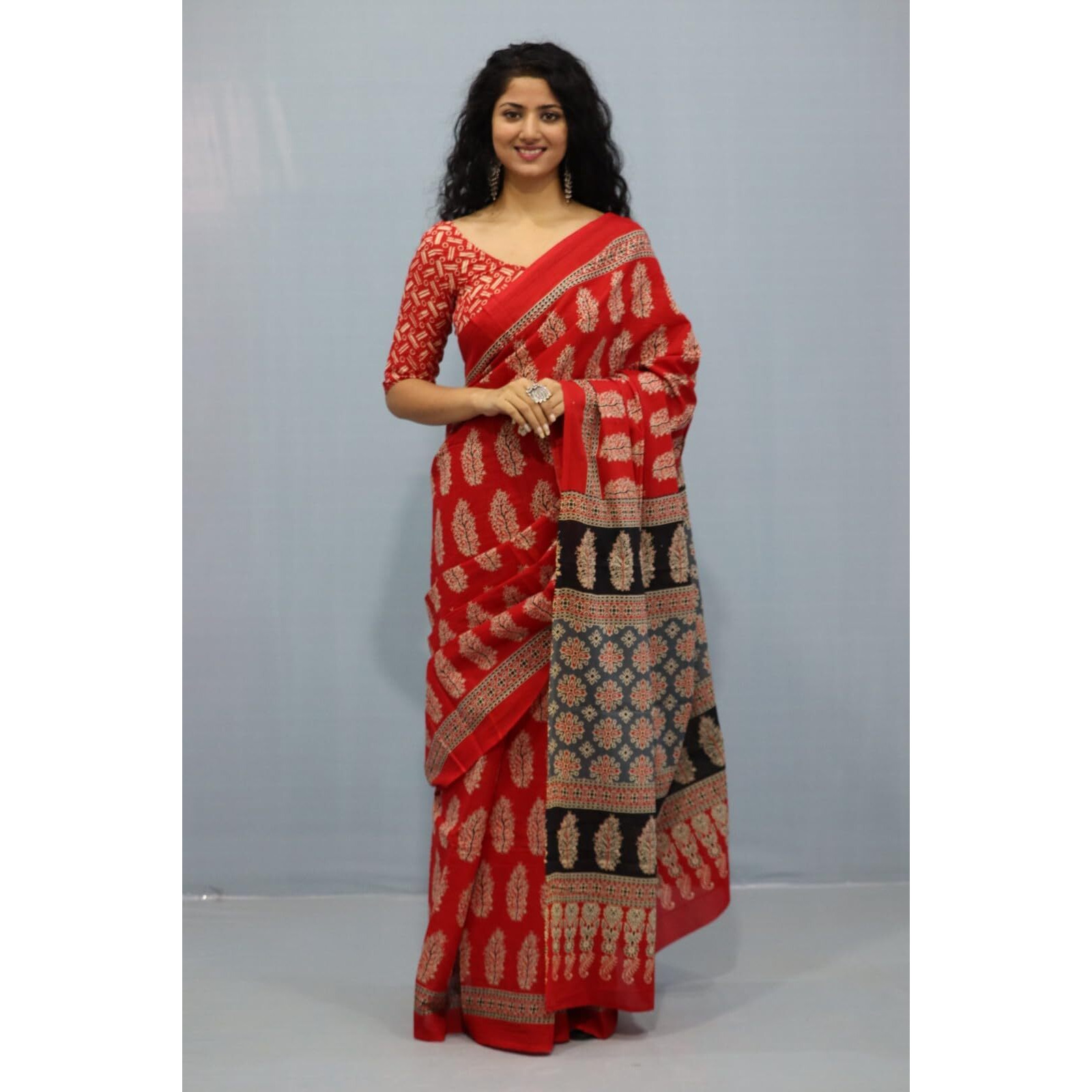 JALTHER Handicrafts Womens Ikat Hand Block Print Jaipuri Cotton Mulmul Saree with Blouse Piece - _3