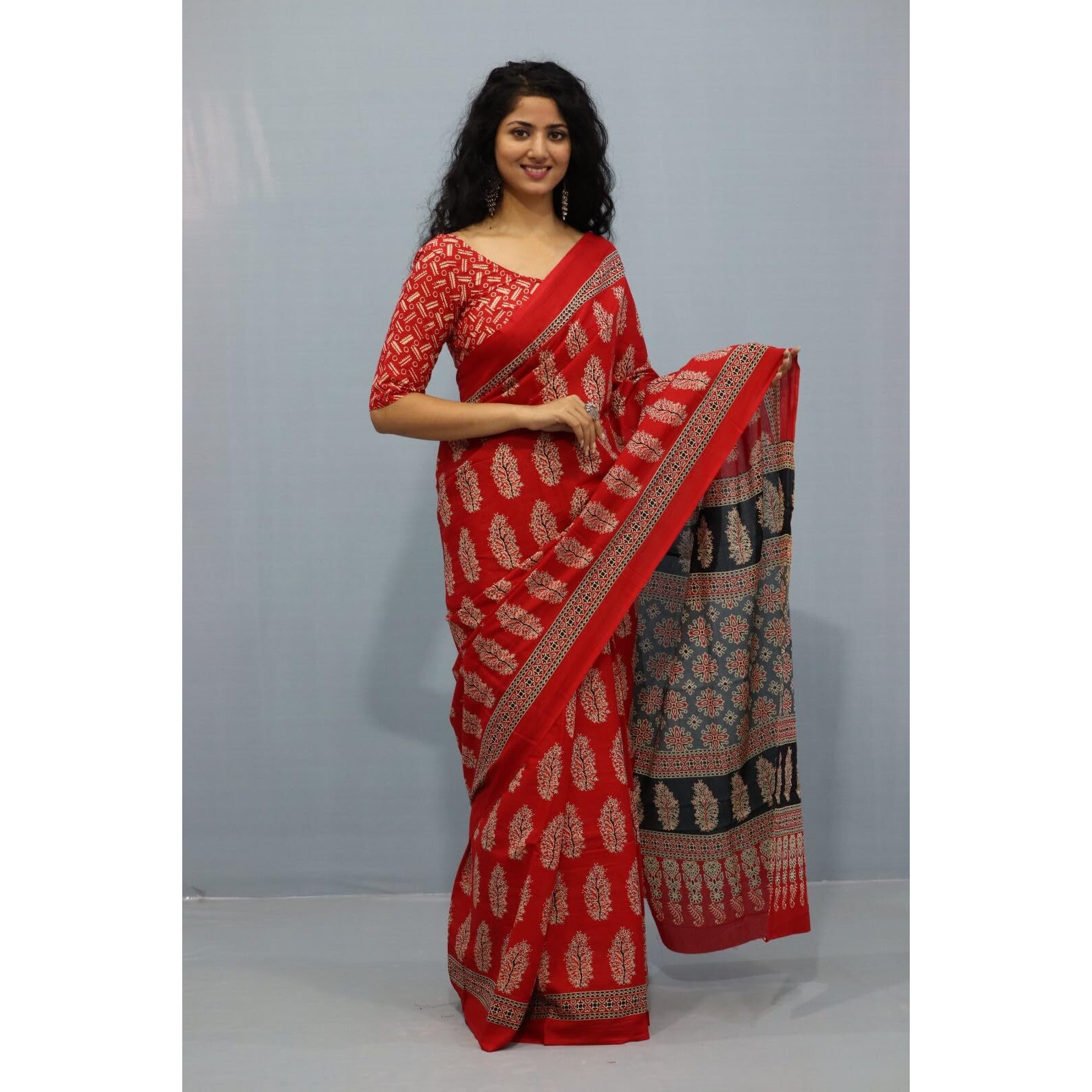 JALTHER Handicrafts Womens Ikat Hand Block Print Jaipuri Cotton Mulmul Saree with Blouse Piece - _3
