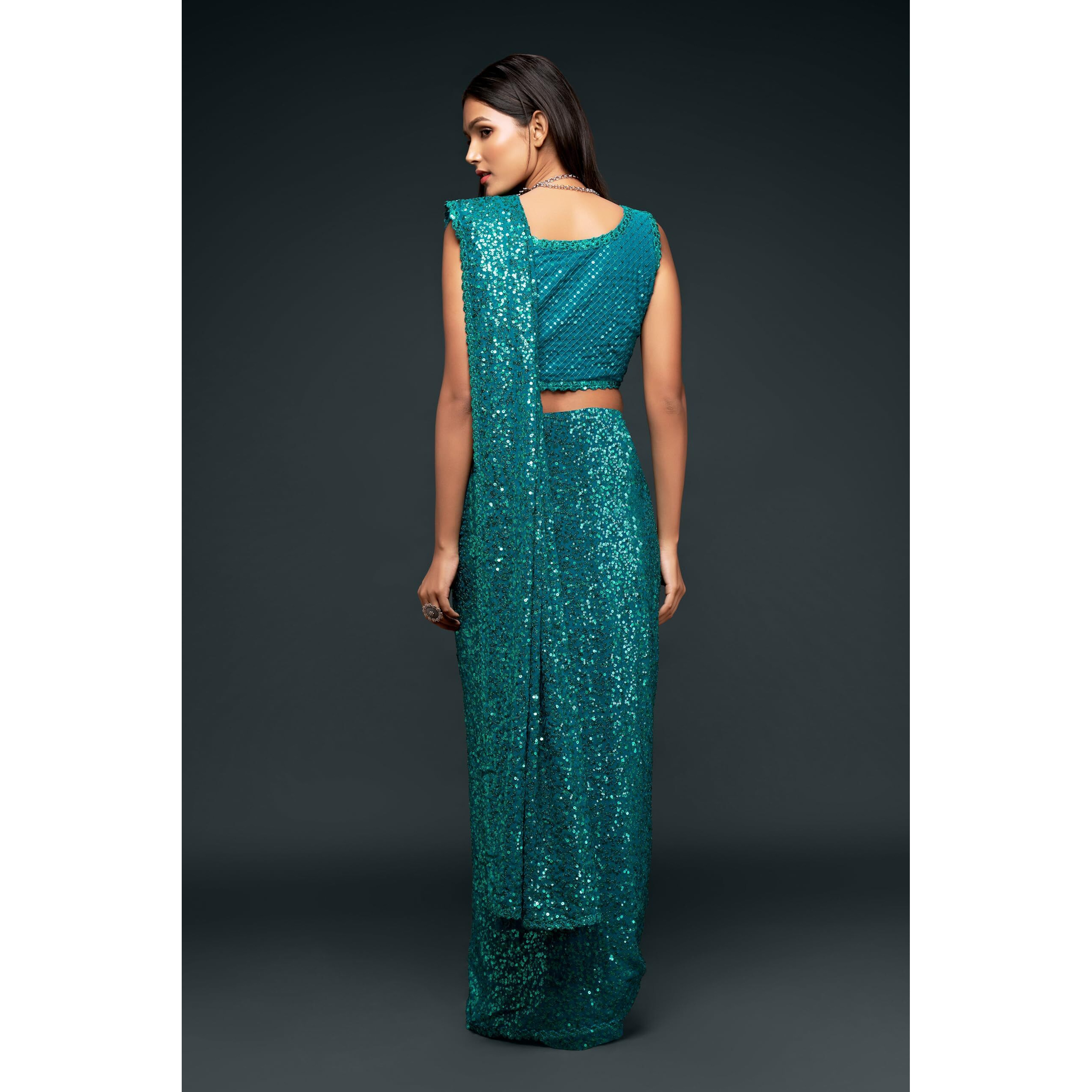 TRENDMALLS Womens Georgette Sequins Work Heavy Saree with Blouse Piece (Latest-sequins-party-wedding-sarees,Many Colors) (Morpeach)
