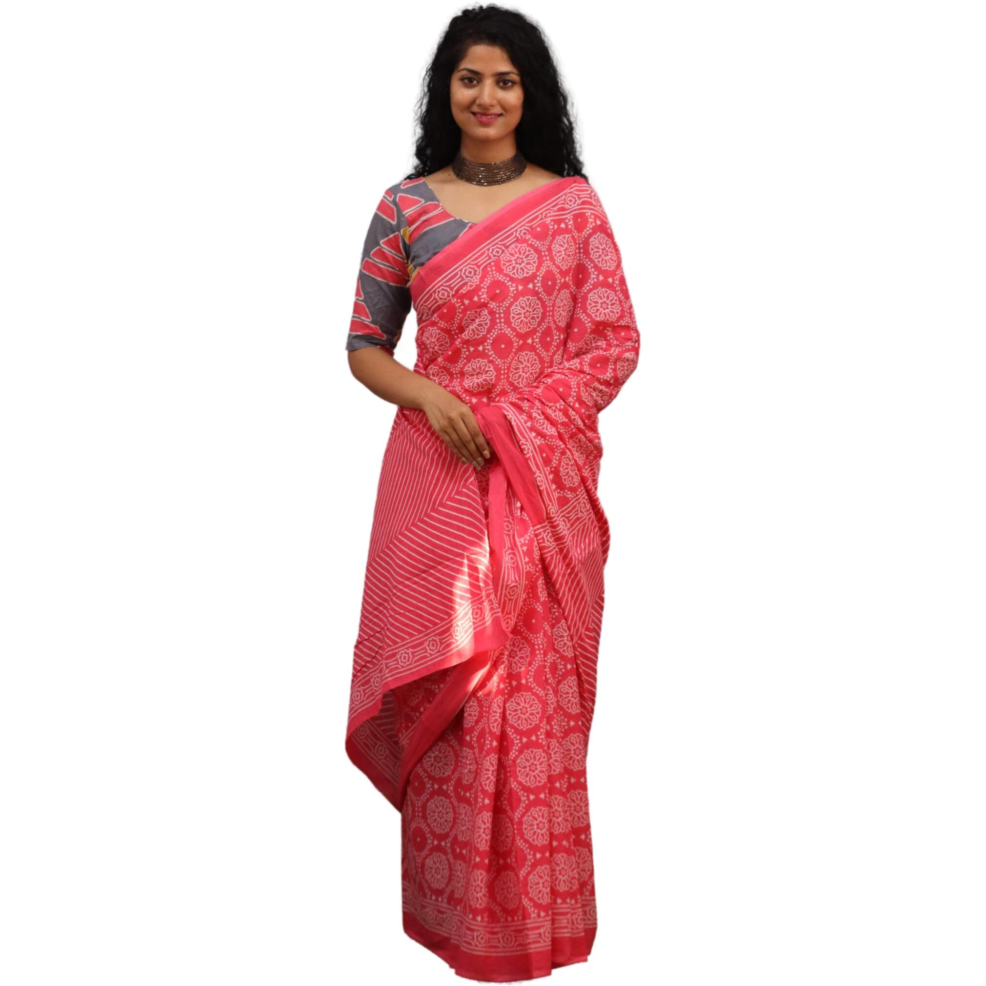 JALTHER Handicrafts Womens Ikat Hand Block Print Jaipuri Cotton Mulmul Saree with Blouse Piece - Pink_445