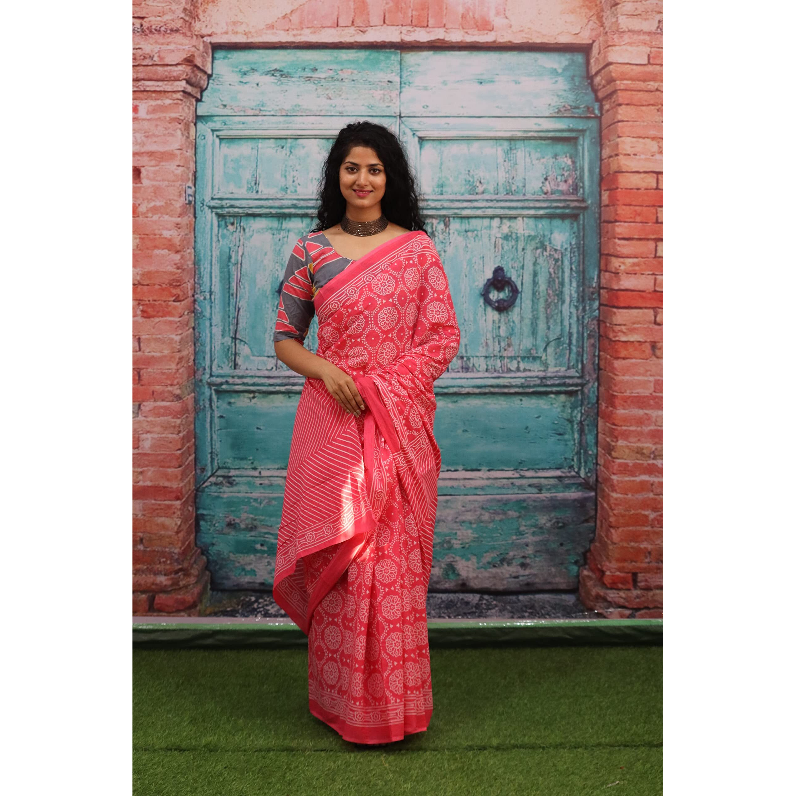 JALTHER Handicrafts Womens Ikat Hand Block Print Jaipuri Cotton Mulmul Saree with Blouse Piece - Pink_445