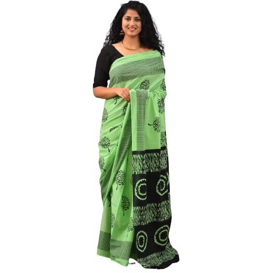 JALTHER Handicrafts Womens Ikat Hand Block Print Jaipuri Cotton Mulmul Saree with Blouse Piece - Green