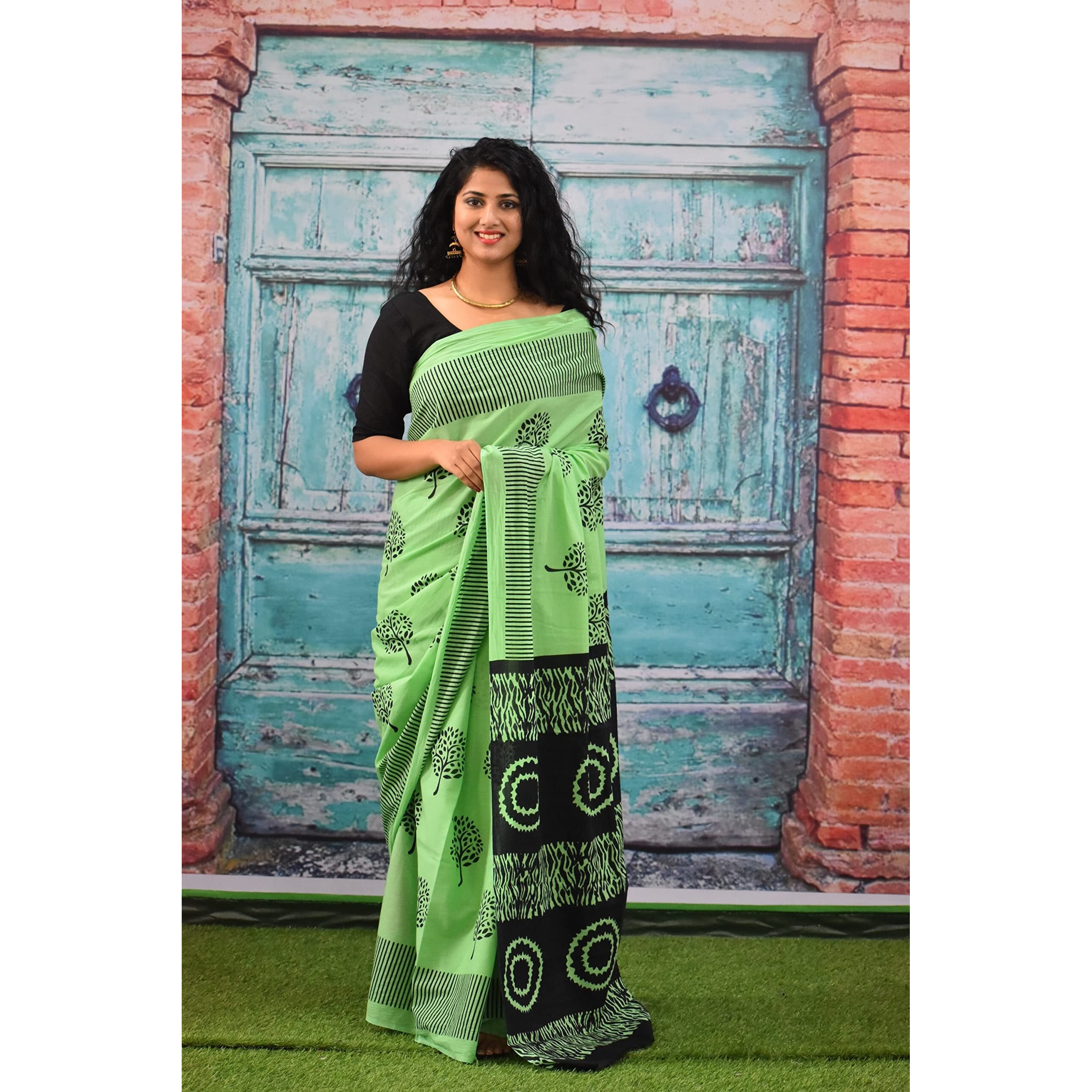JALTHER Handicrafts Womens Ikat Hand Block Print Jaipuri Cotton Mulmul Saree with Blouse Piece - Green