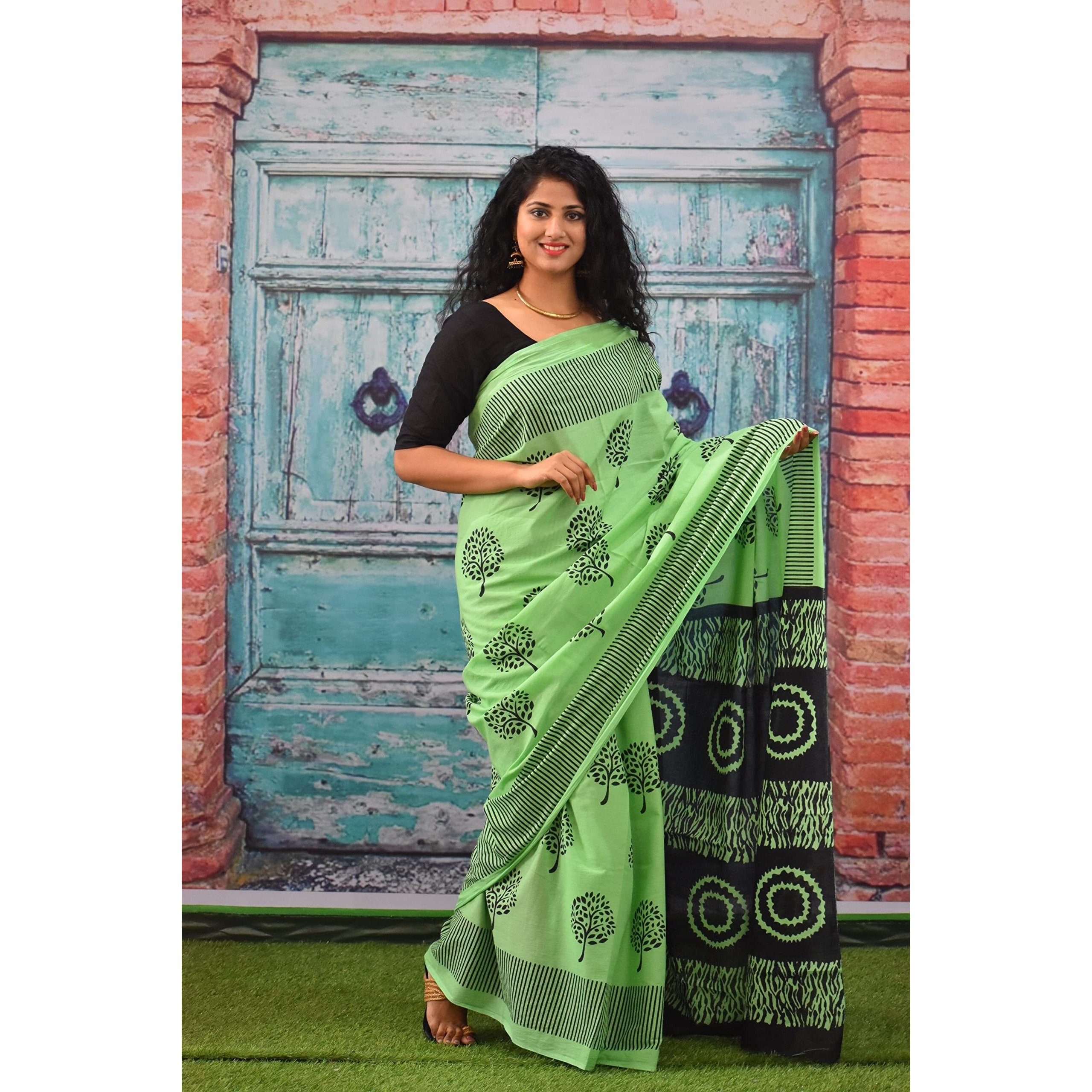 JALTHER Handicrafts Womens Ikat Hand Block Print Jaipuri Cotton Mulmul Saree with Blouse Piece - Green