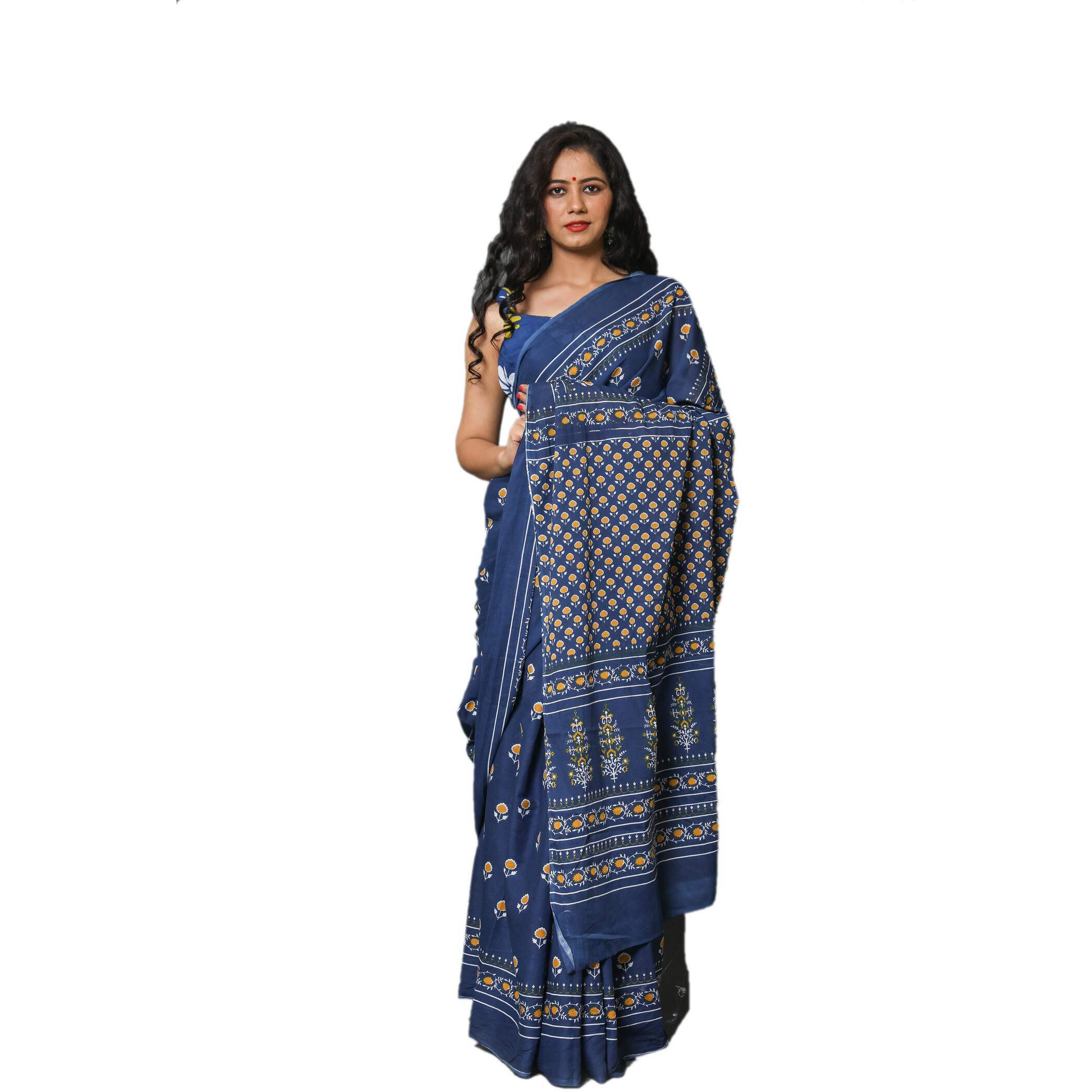 Jalther Handicrafts Womens Ikat Hand Block Print Jaipuri Cotton Mulmul Saree with Blouse Piece - Blue