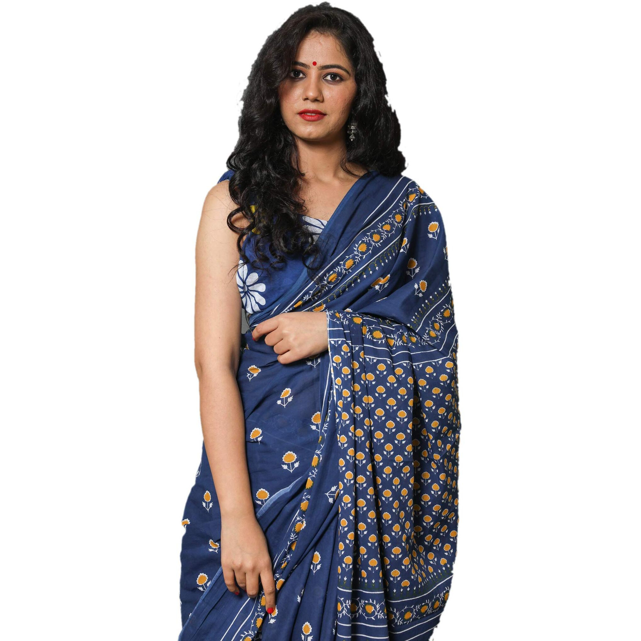 Jalther Handicrafts Womens Ikat Hand Block Print Jaipuri Cotton Mulmul Saree with Blouse Piece - Blue