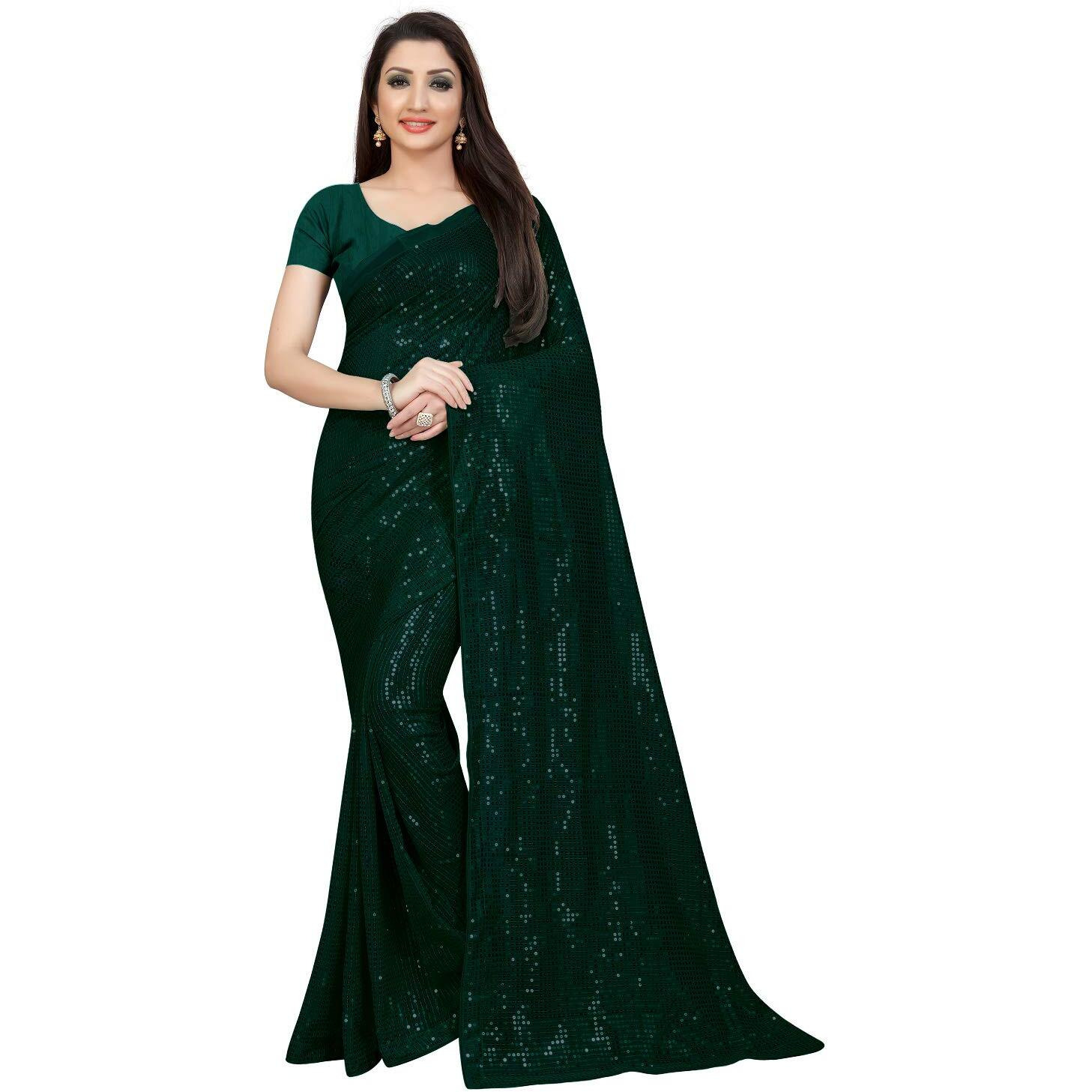 Florely Womens Pure Georgette sequence saree with unstiched blouse piece(Free size) (Green)