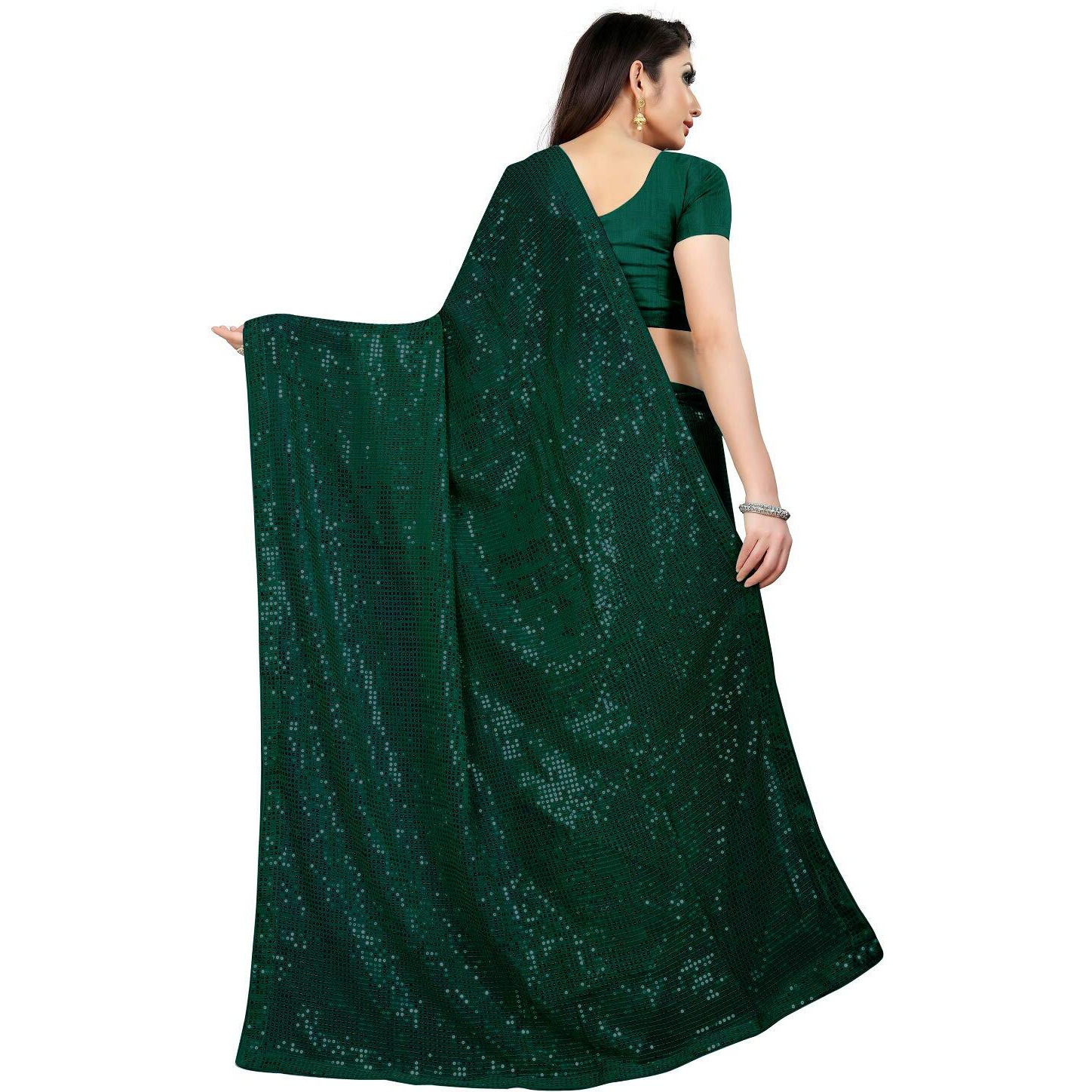 Florely Womens Pure Georgette sequence saree with unstiched blouse piece(Free size) (Green)