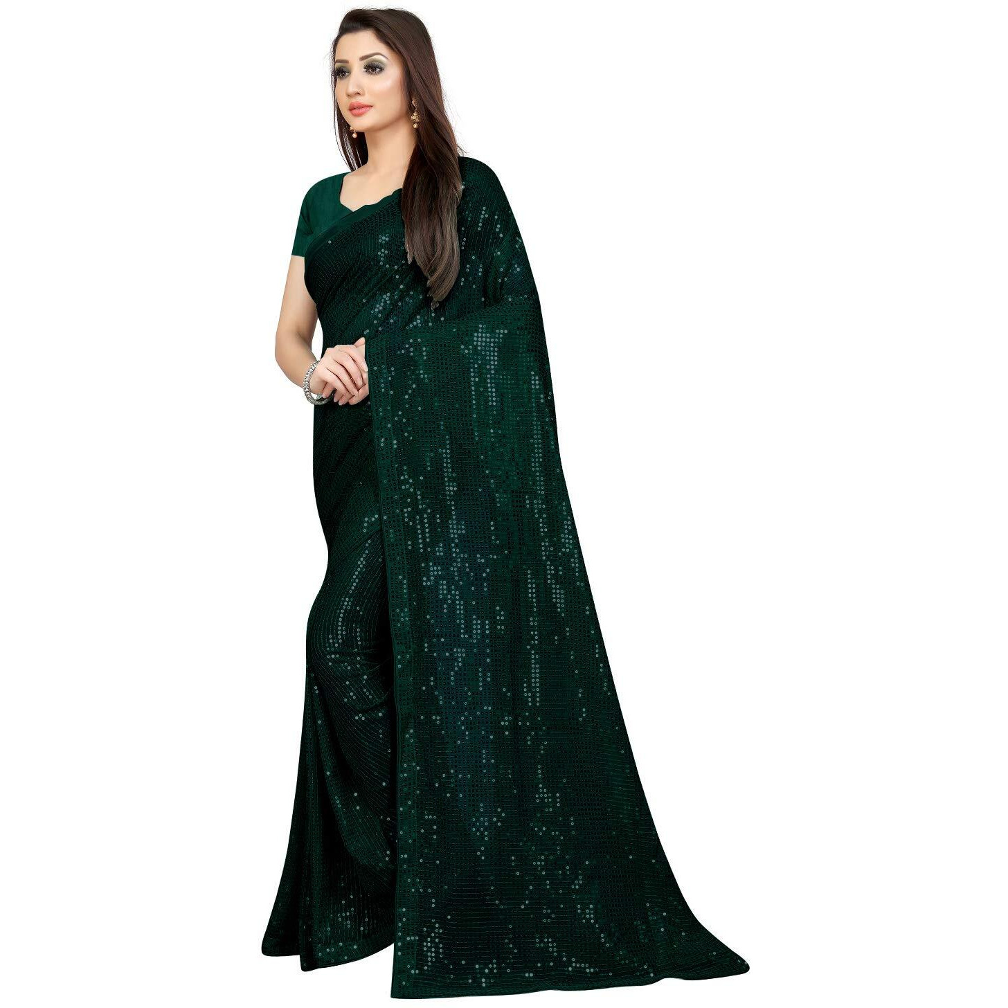Florely Womens Pure Georgette sequence saree with unstiched blouse piece(Free size) (Green)