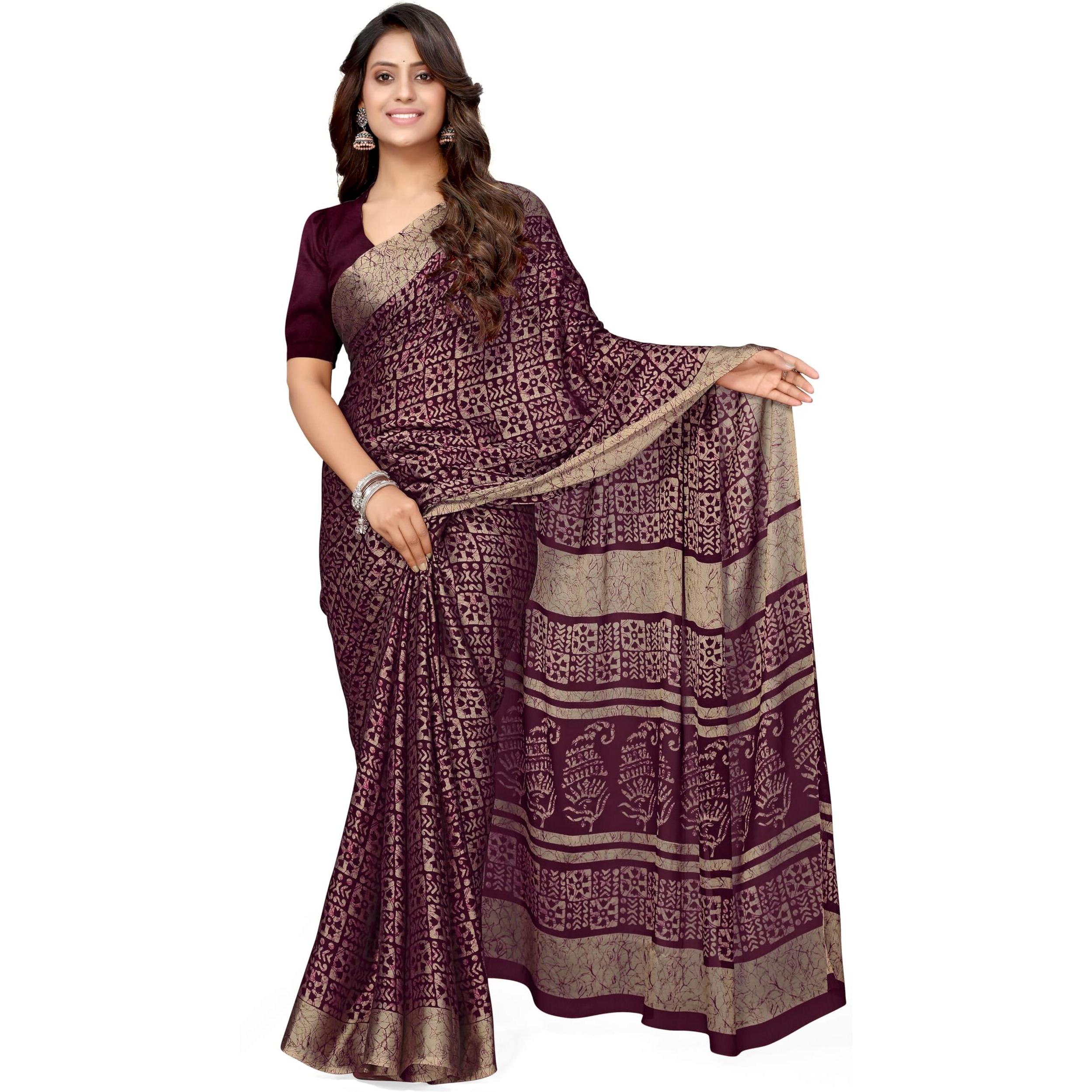 MIRCHI FASHION Womens Chiffon Batik Printed Saree with Blouse Piece (40506-Wine, Beige)