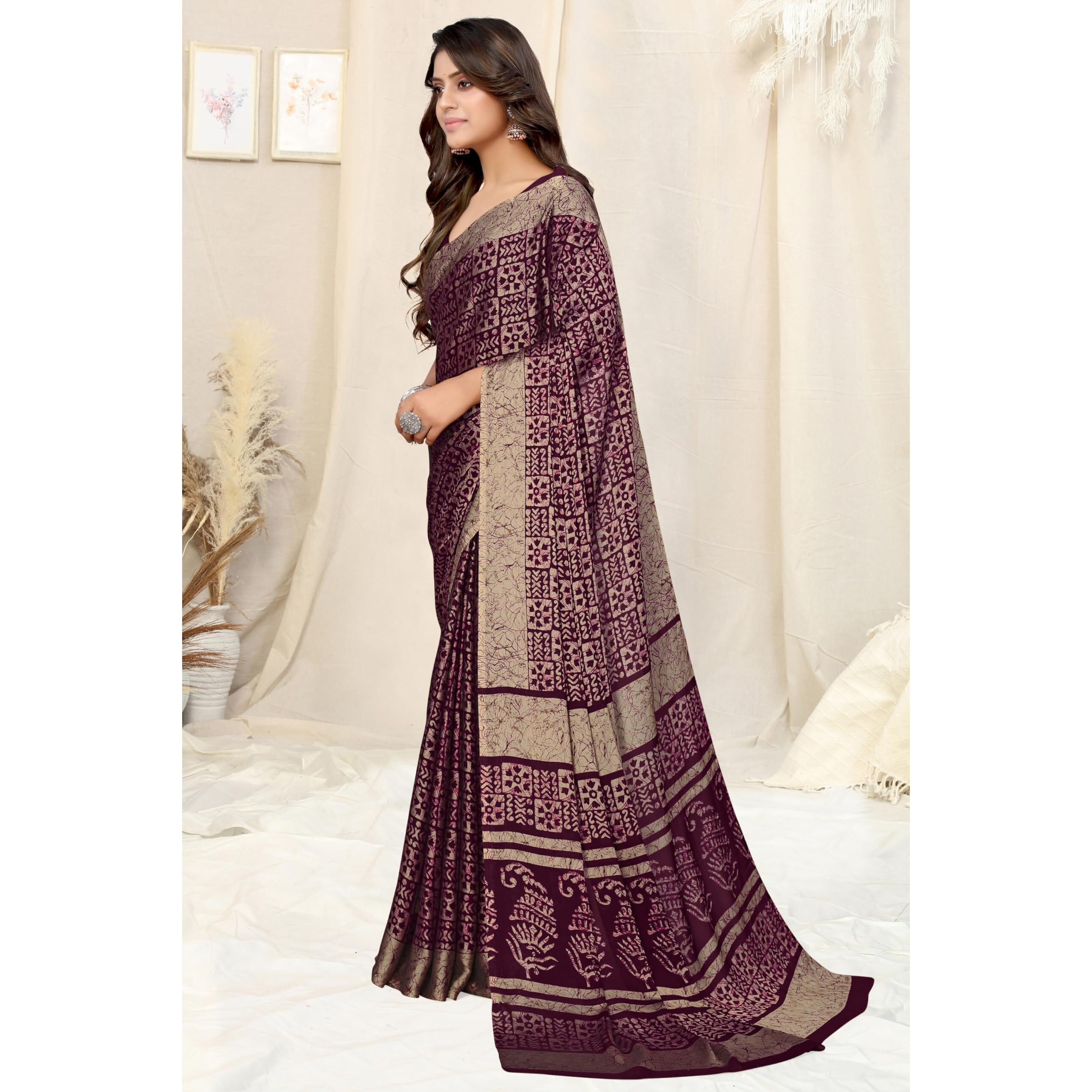 MIRCHI FASHION Womens Chiffon Batik Printed Saree with Blouse Piece (40506-Wine, Beige)