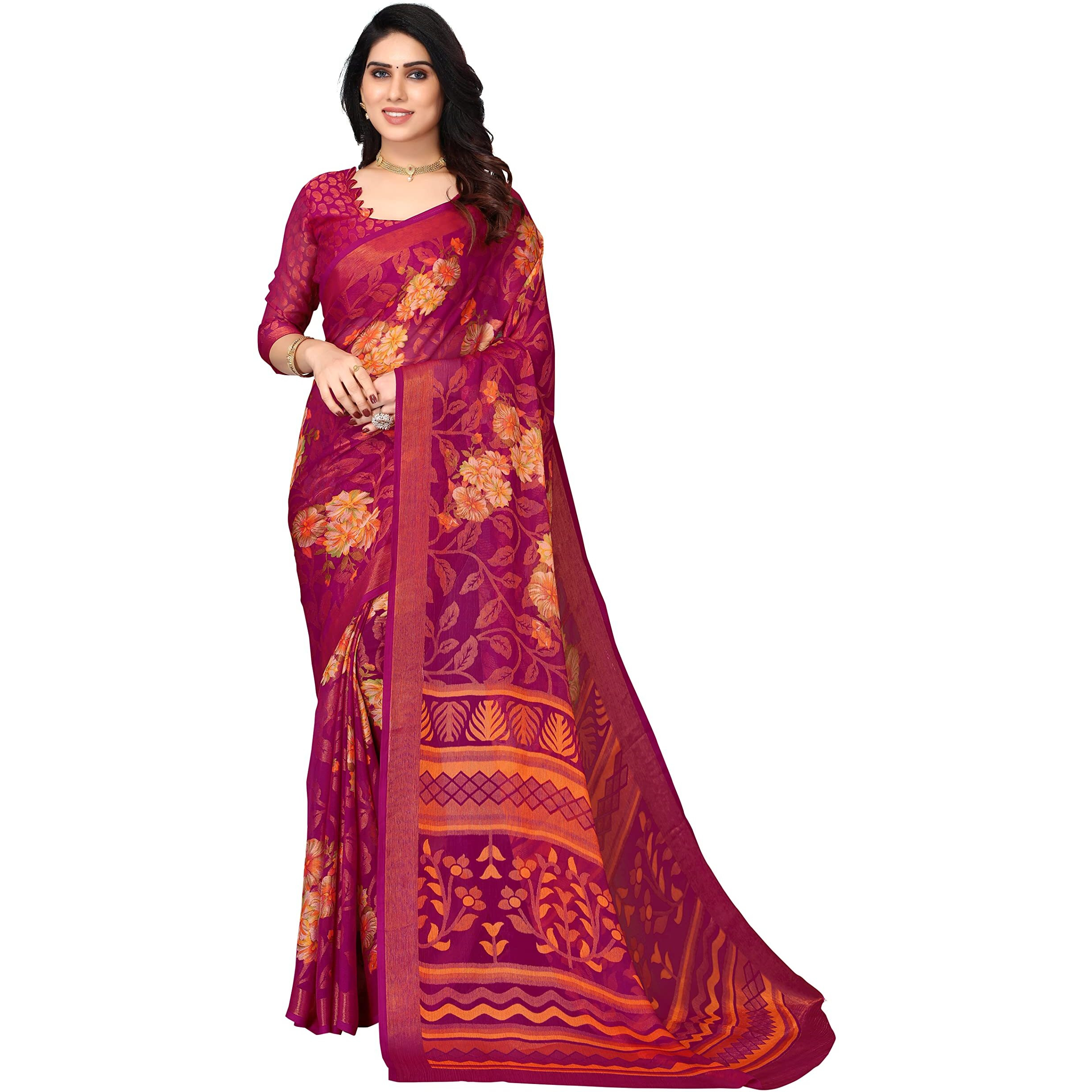 Winza Designer PS Brasso Gagan Rani Pink W Plain Chiffon sarees for women