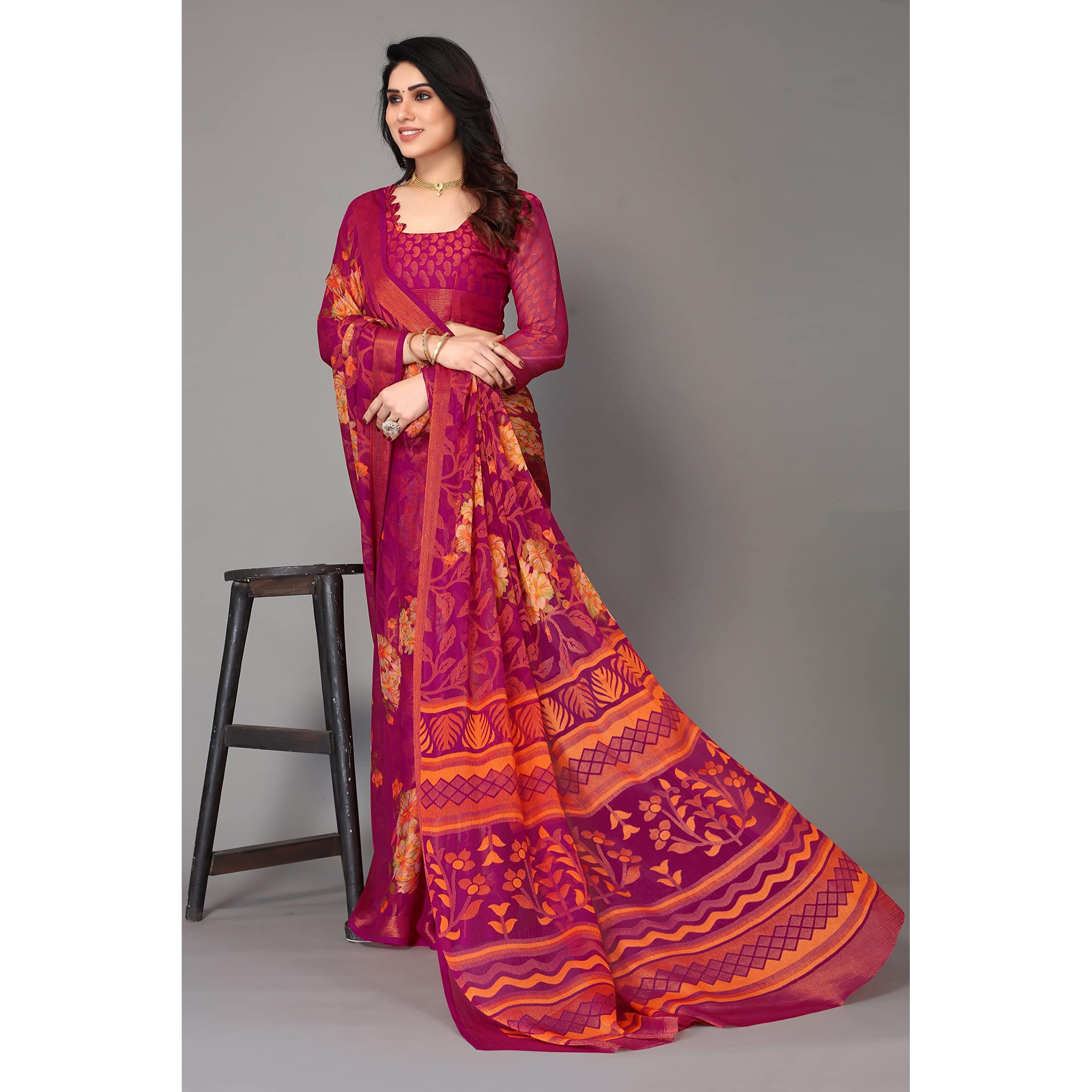 Winza Designer PS Brasso Gagan Rani Pink W Plain Chiffon sarees for women