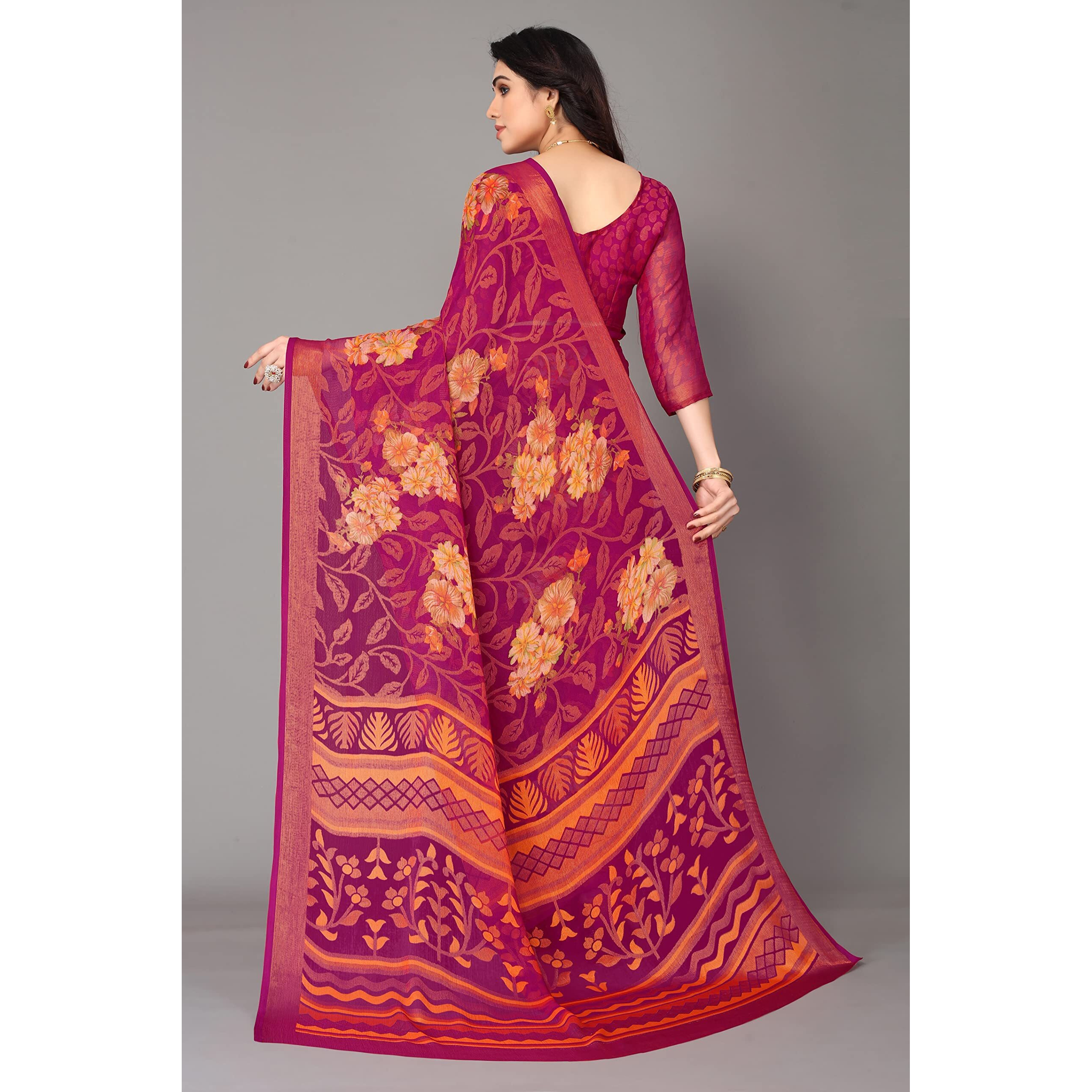 Winza Designer PS Brasso Gagan Rani Pink W Plain Chiffon sarees for women