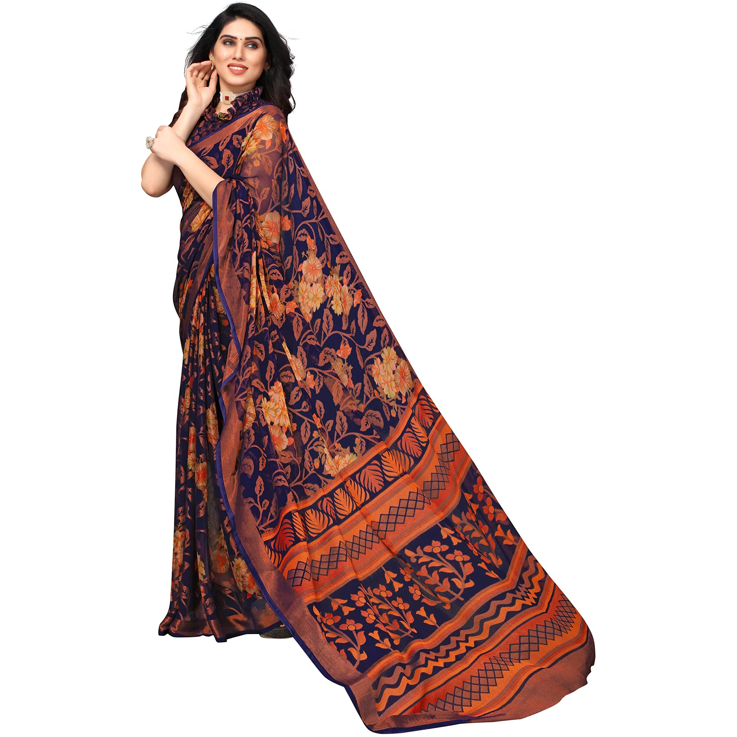 Winza Designer PS Brasso Gagan Navy W Plain Chiffon sarees for women