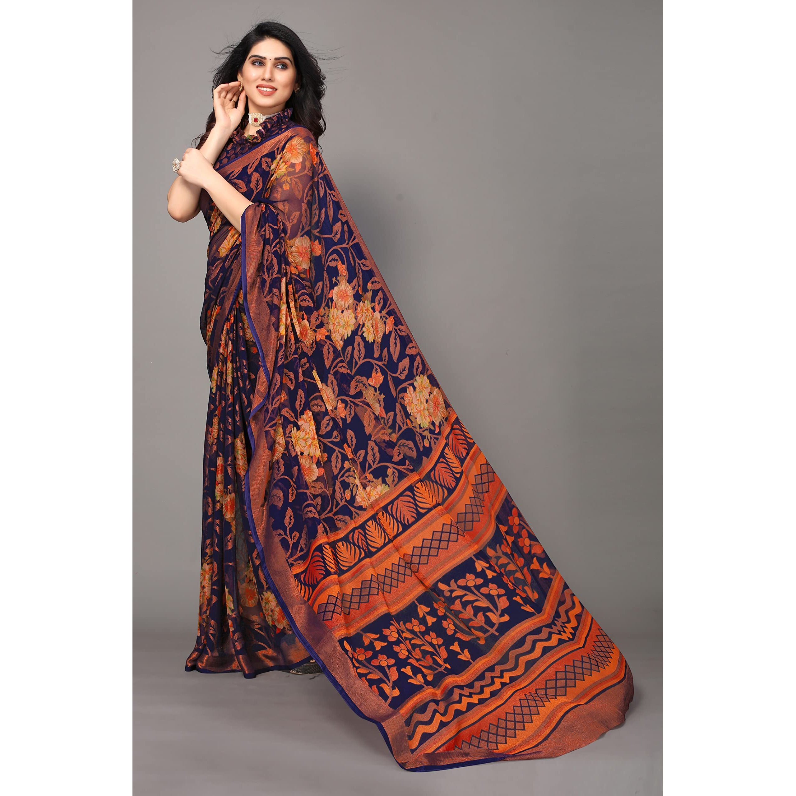 Winza Designer PS Brasso Gagan Navy W Plain Chiffon sarees for women