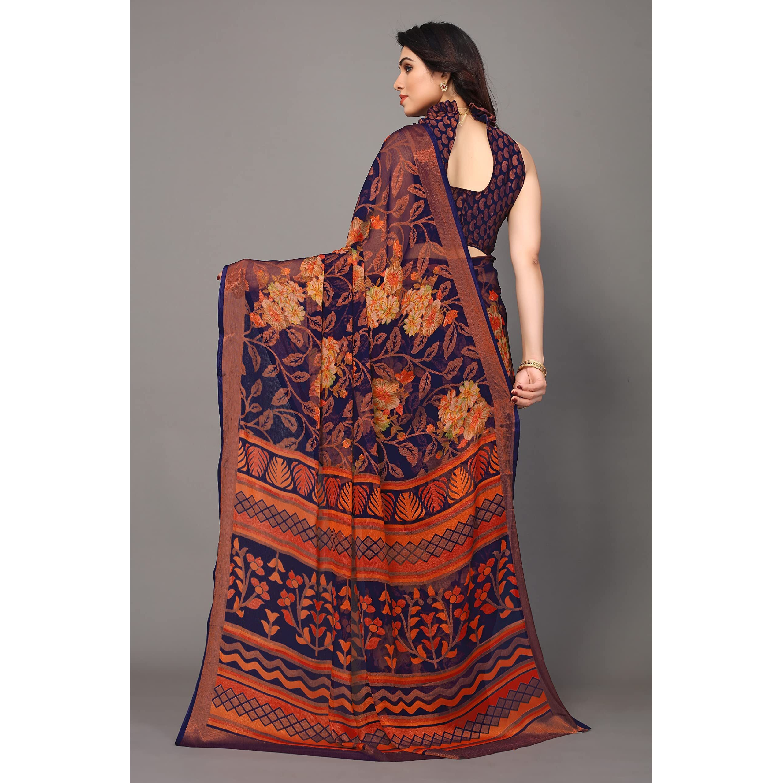Winza Designer PS Brasso Gagan Navy W Plain Chiffon sarees for women
