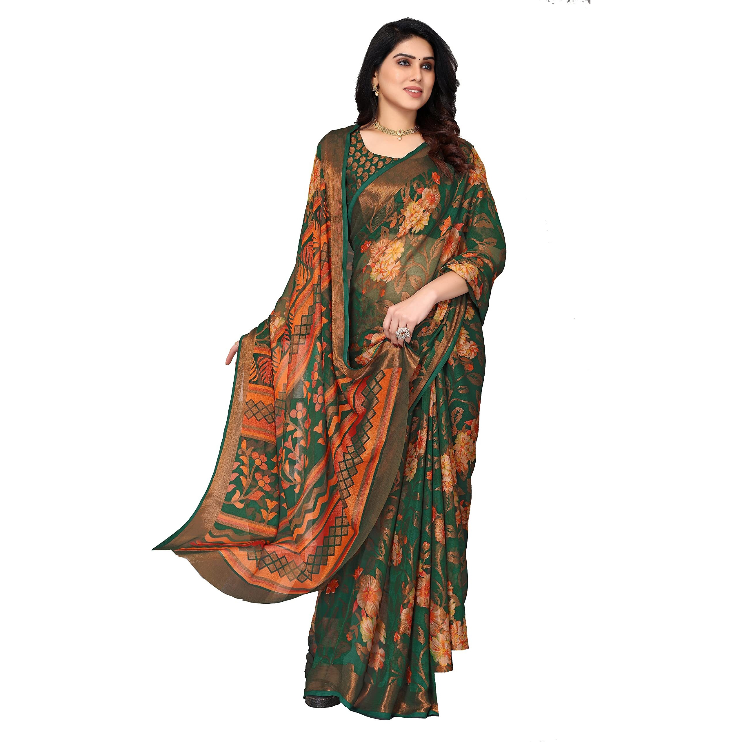Winza Designer PS Brasso Gagan Green W Plain Chiffon sarees for women