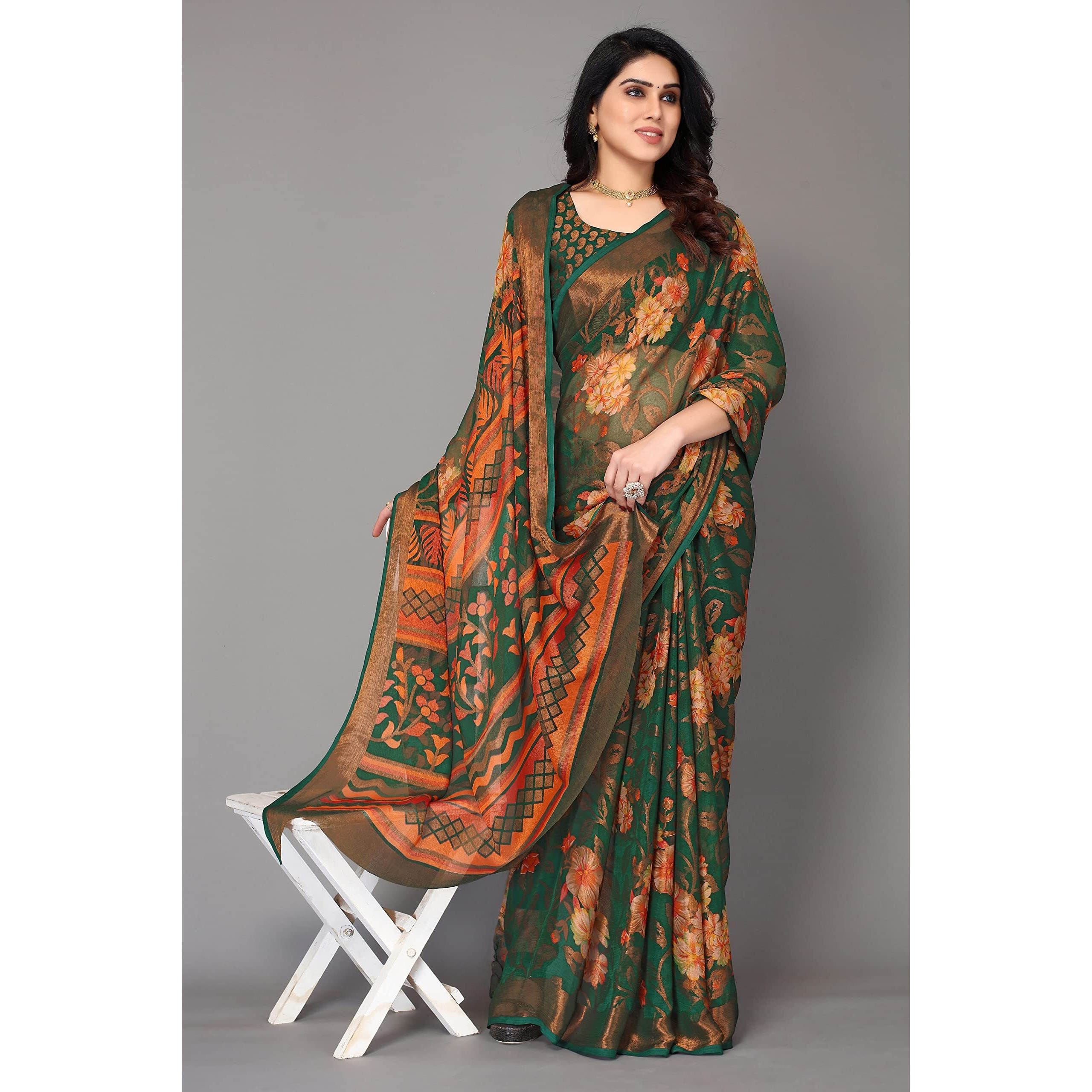 Winza Designer PS Brasso Gagan Green W Plain Chiffon sarees for women