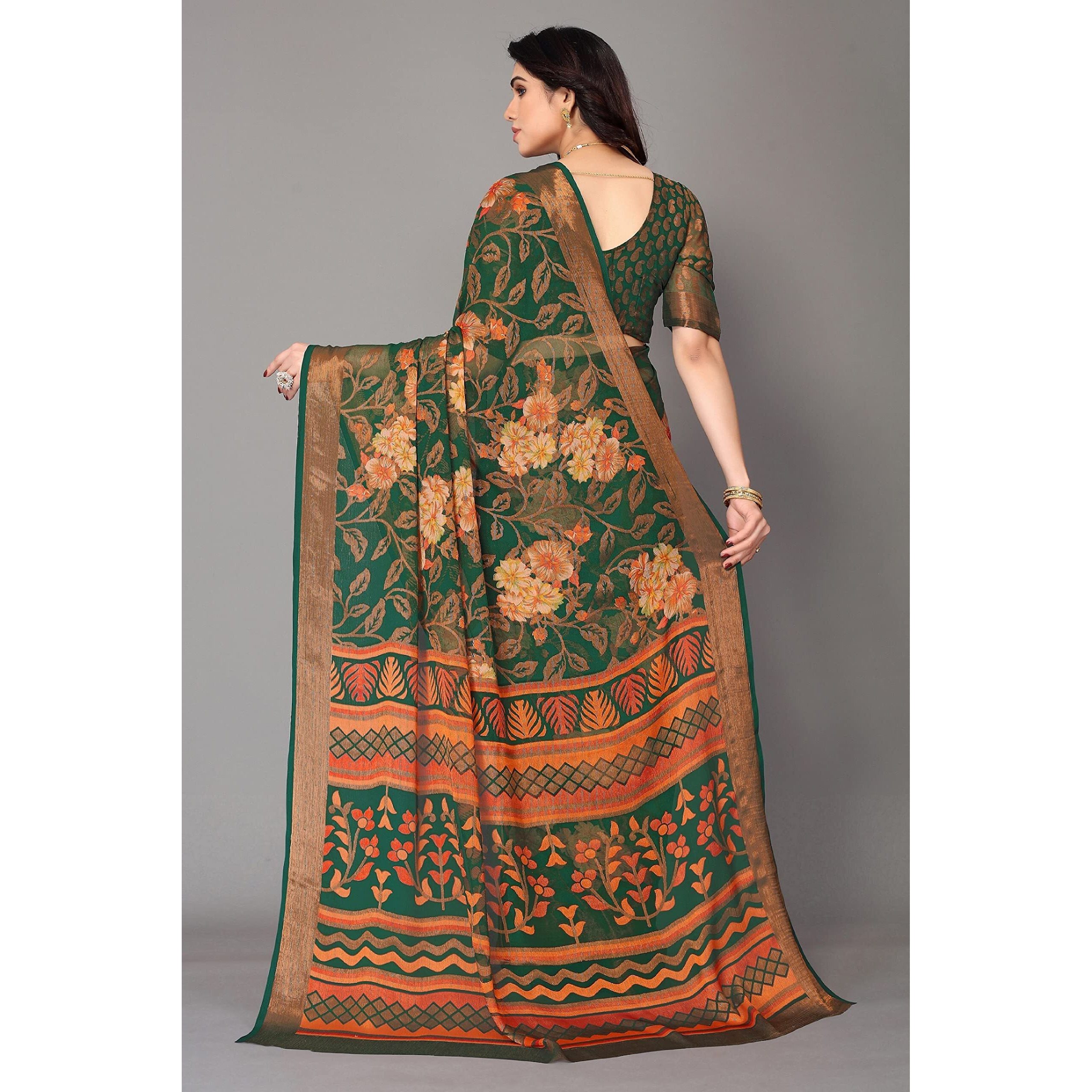 Winza Designer PS Brasso Gagan Green W Plain Chiffon sarees for women
