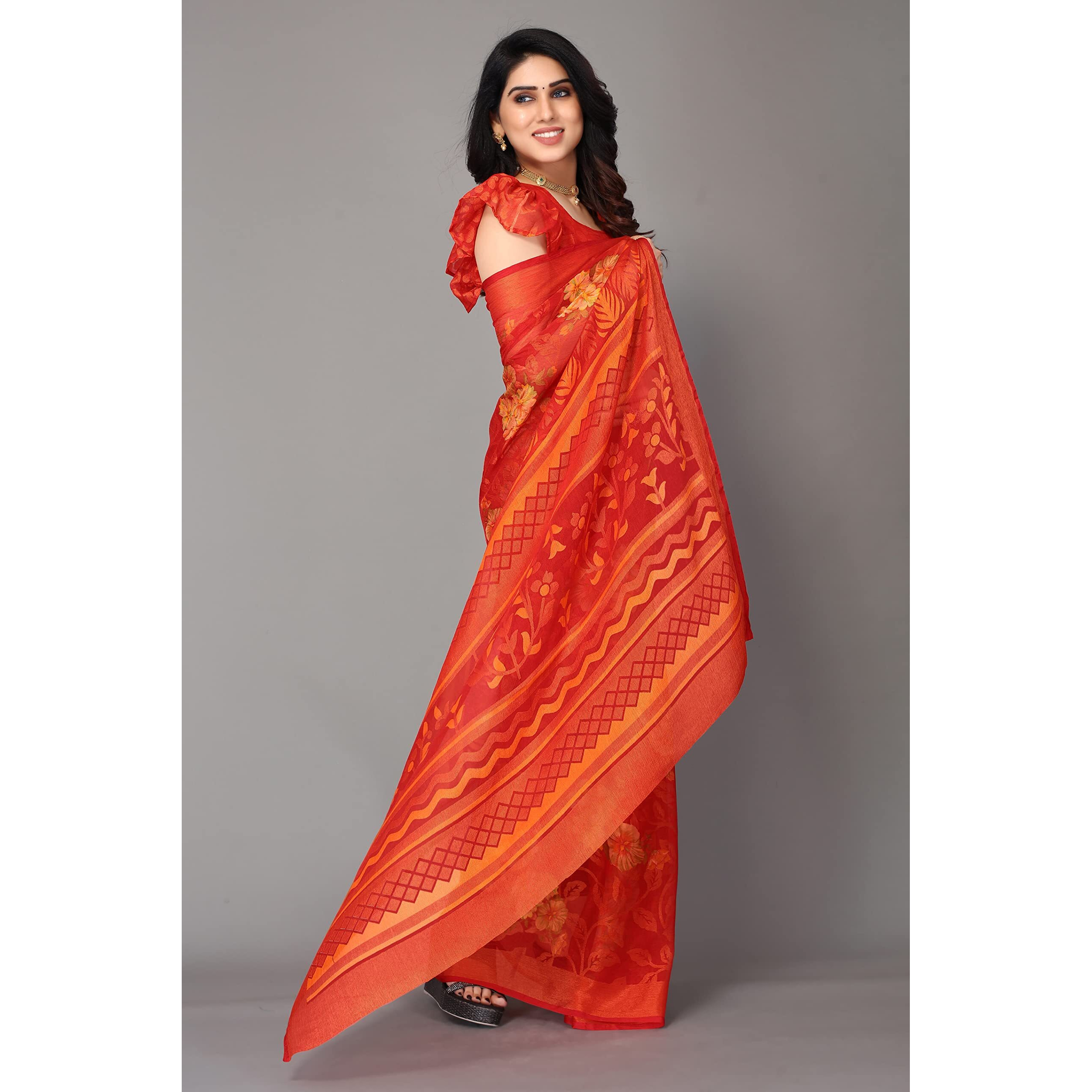 Winza Designer PS Brasso Gagan Red W Plain Chiffon sarees for women
