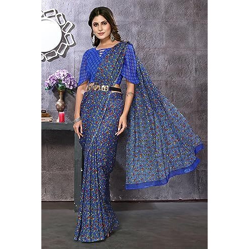 Yashika Womens Trendy Georgette Blue Color Saree with Blouse Material(SAHITA BLUE)