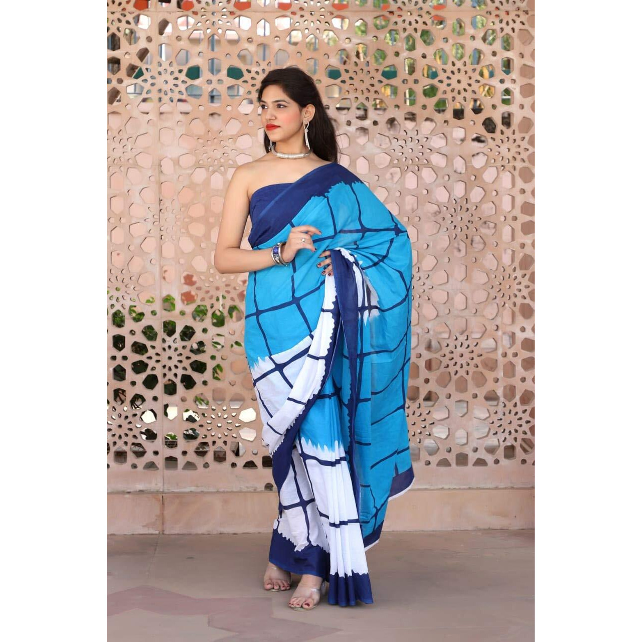 Jalther Handicrafts Womens Ikat Hand Block Print Jaipuri Cotton Mulmul Saree with Blouse Piece - Multi