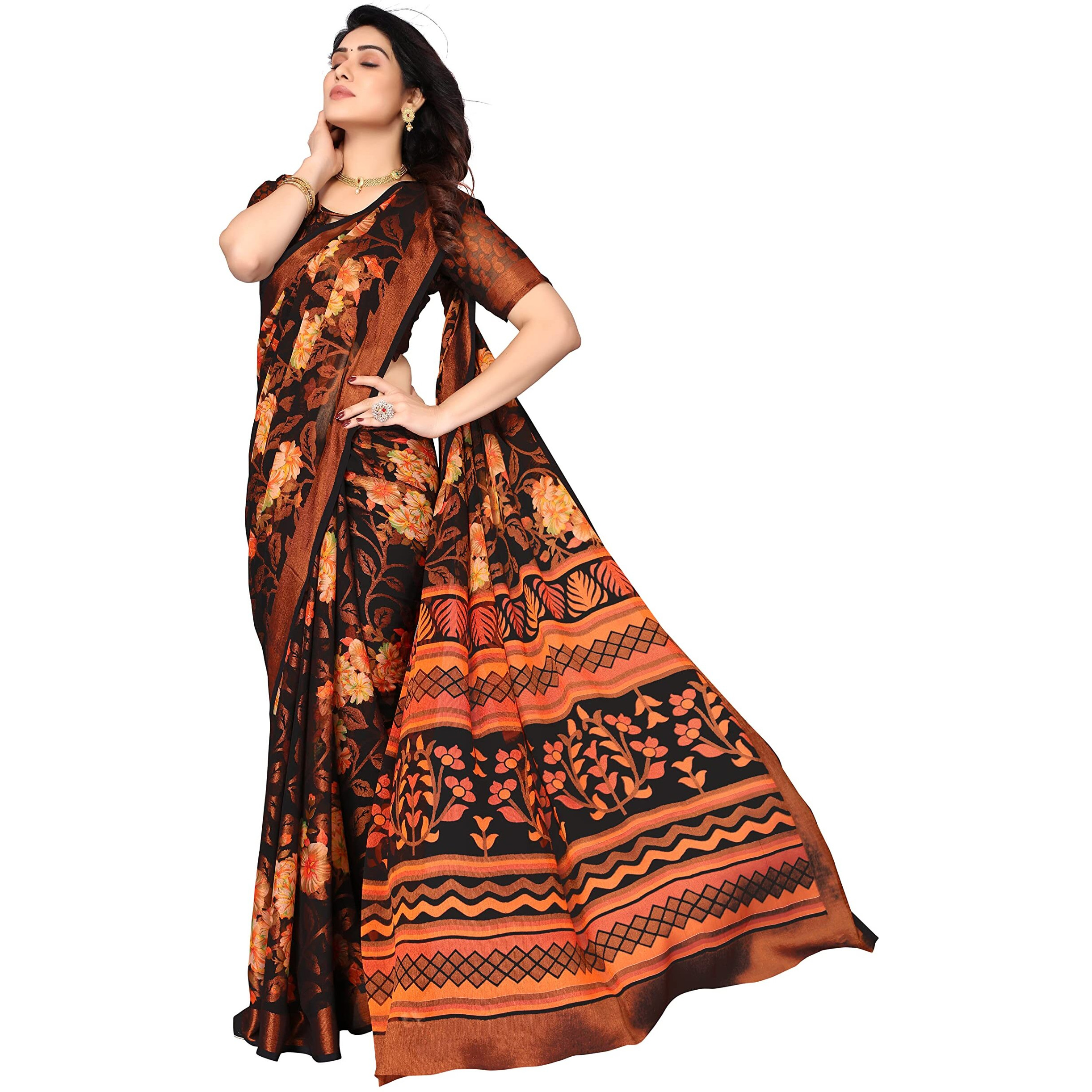 Winza Designer PS Brasso Gagan Black W Plain Chiffon sarees for women