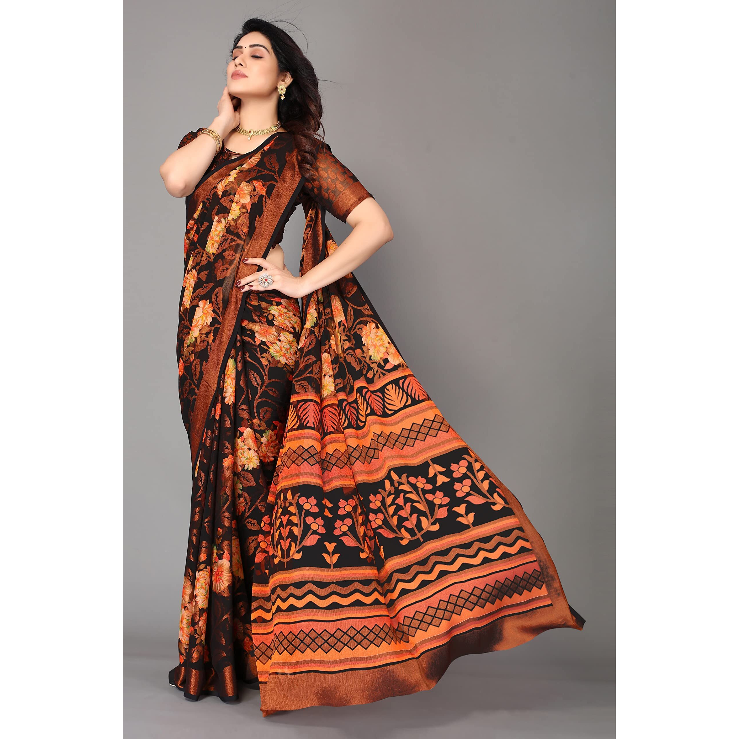Winza Designer PS Brasso Gagan Black W Plain Chiffon sarees for women