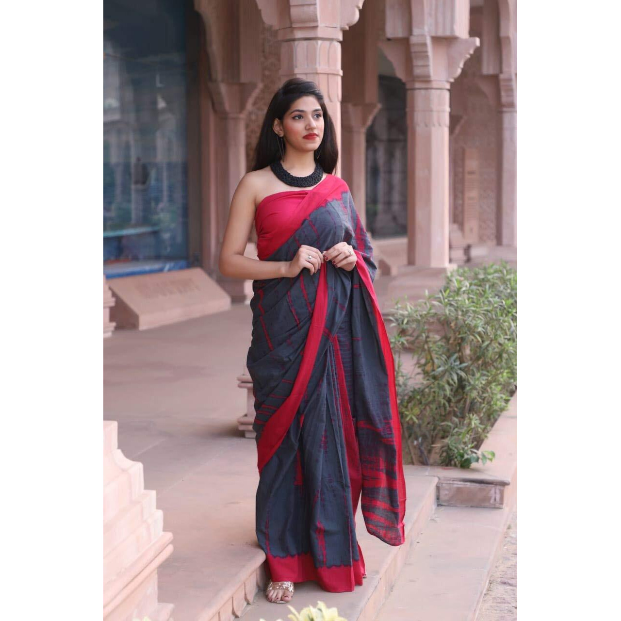 JALTHER Handicrafts Womens Ikat Hand Block Print Jaipuri Cotton Mulmul Saree with Blouse Piece - Grey
