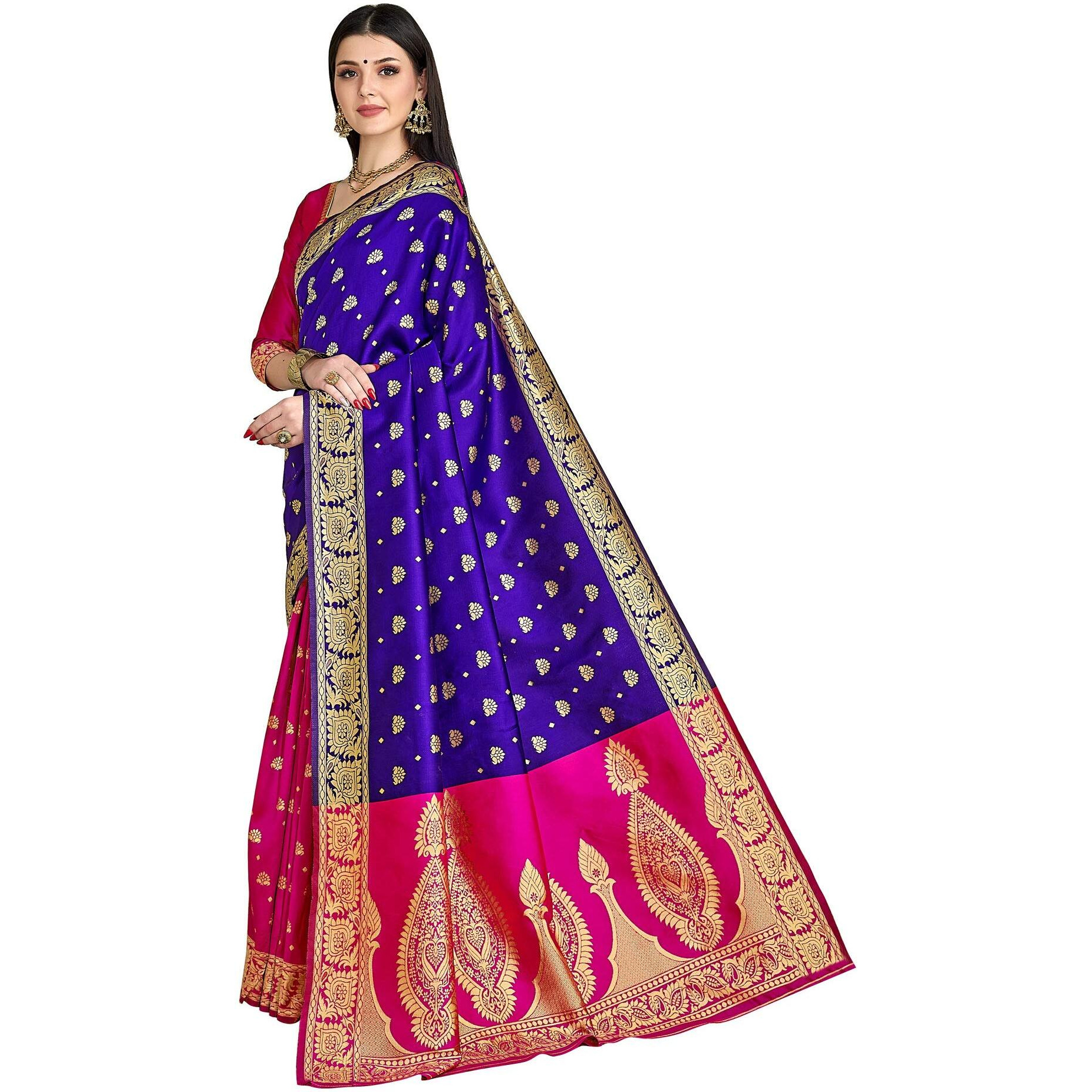 Glory Sarees Womens Silk Blend Banarasi Saree (Banarasi_Saree114_Blue)