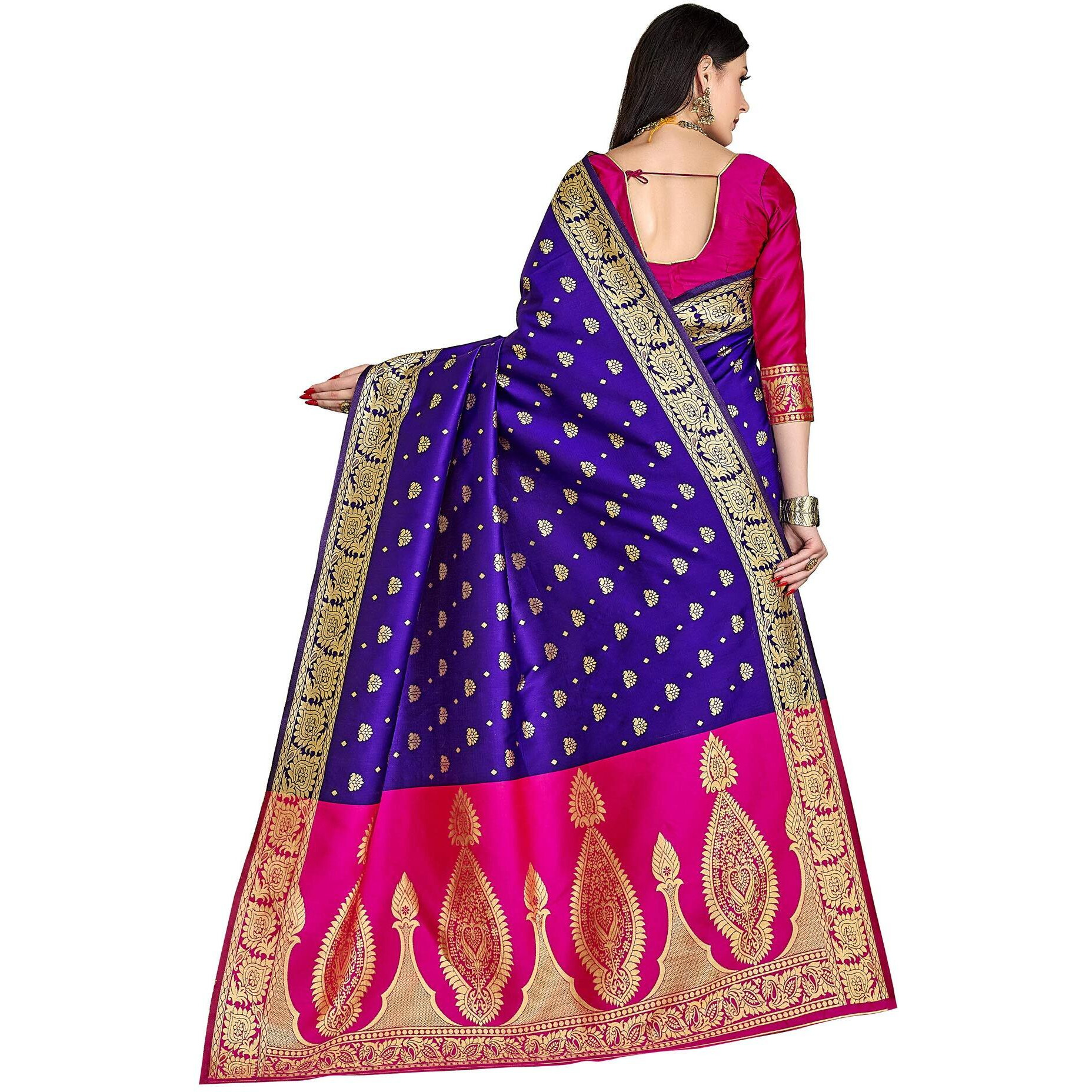 Glory Sarees Womens Silk Blend Banarasi Saree (Banarasi_Saree114_Blue)