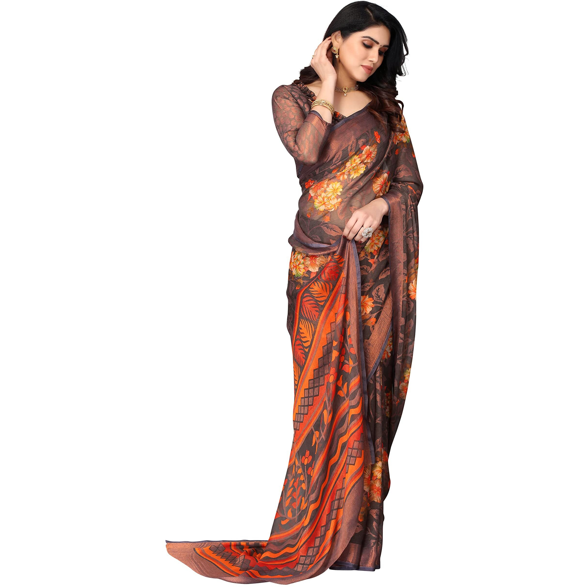 Winza Designer PS Brasso Gagan Grey W Plain Chiffon sarees for women