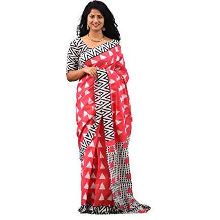 Jalther Handicrafts Womens Ikat Hand Block Print Jaipuri Cotton Mulmul Saree with Blouse Piece - Pink