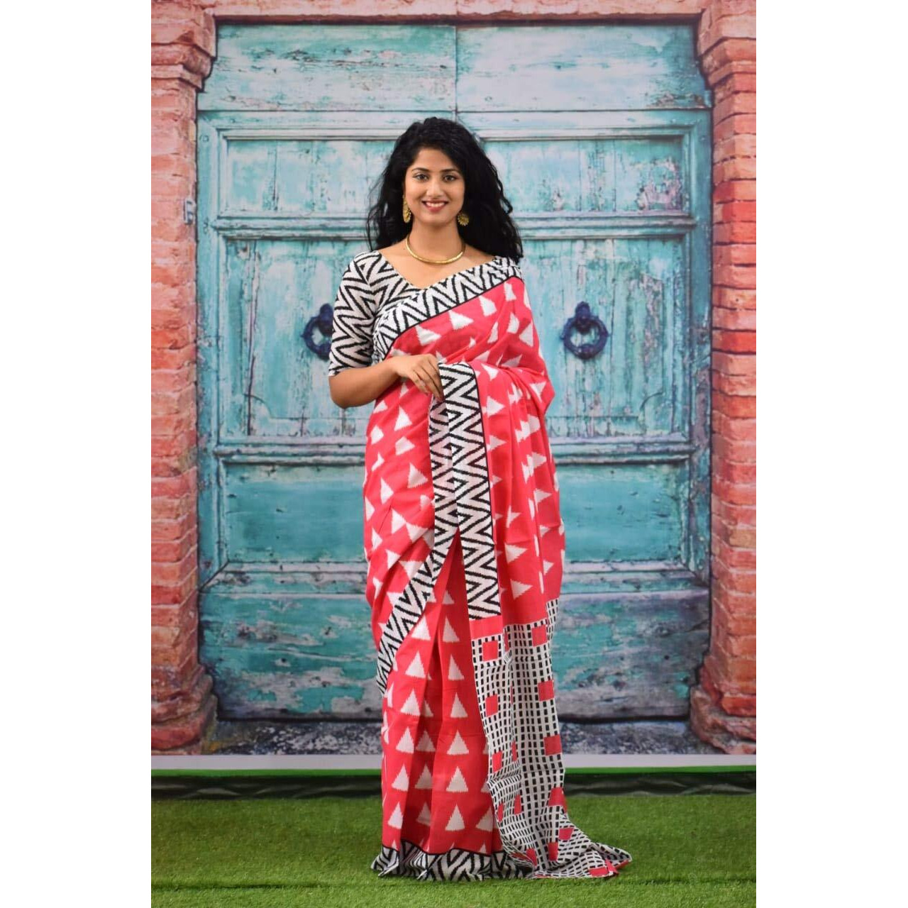 Jalther Handicrafts Womens Ikat Hand Block Print Jaipuri Cotton Mulmul Saree with Blouse Piece - Pink