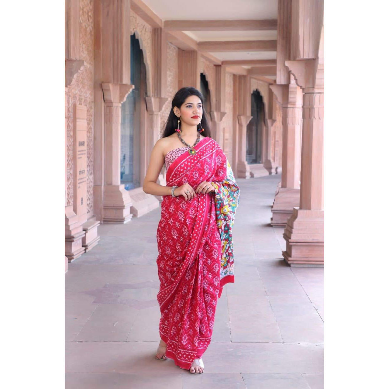 JALTHER Handicrafts Womens Ikat Hand Block Print Jaipuri Cotton Mulmul Saree with Blouse Piece - Pink