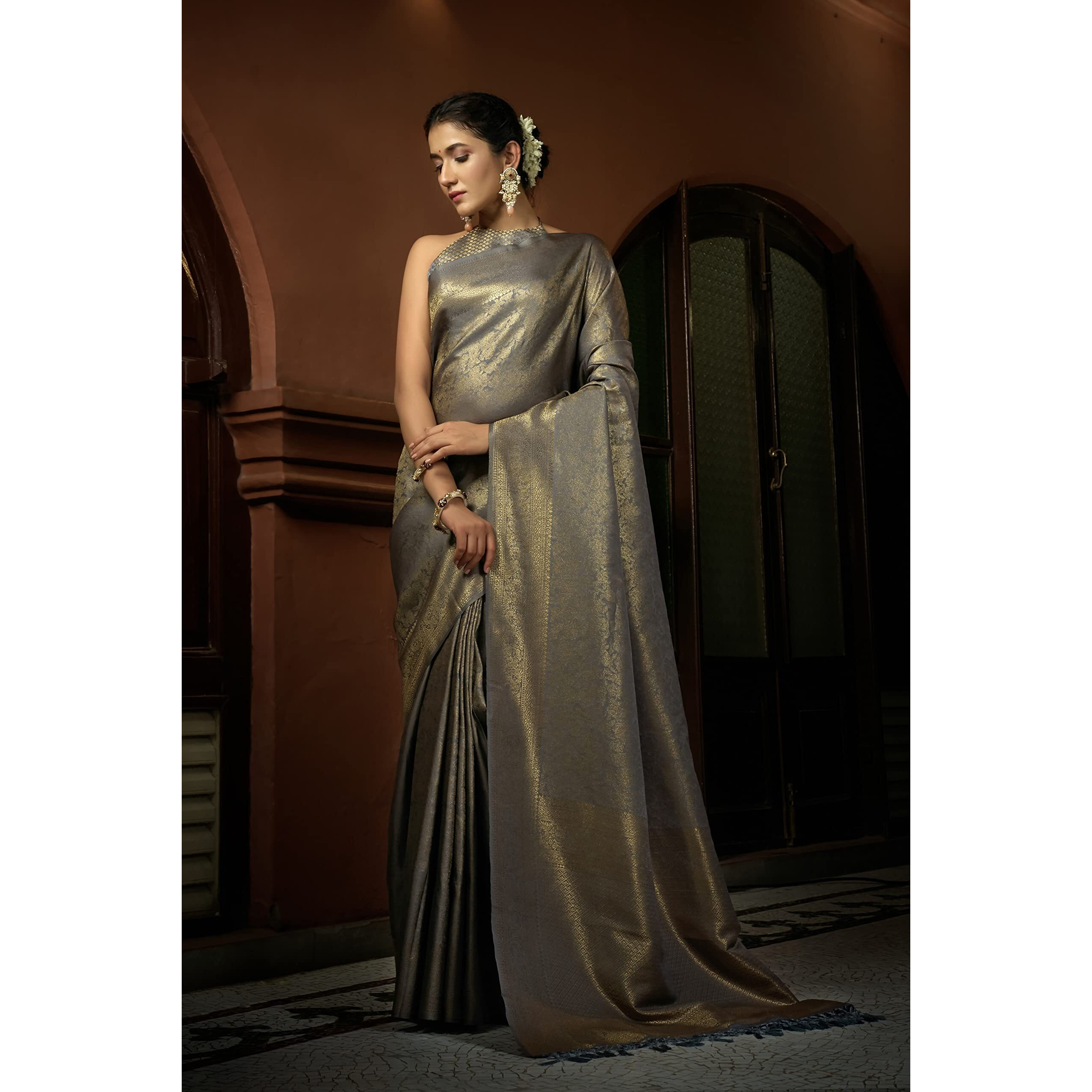 Vardha Womens Kanchipuram Art Silk Saree with Unstitched Blouse Piece - Zari Woven Work Sarees for Wedding (Asya Silk, 396, Grey)
