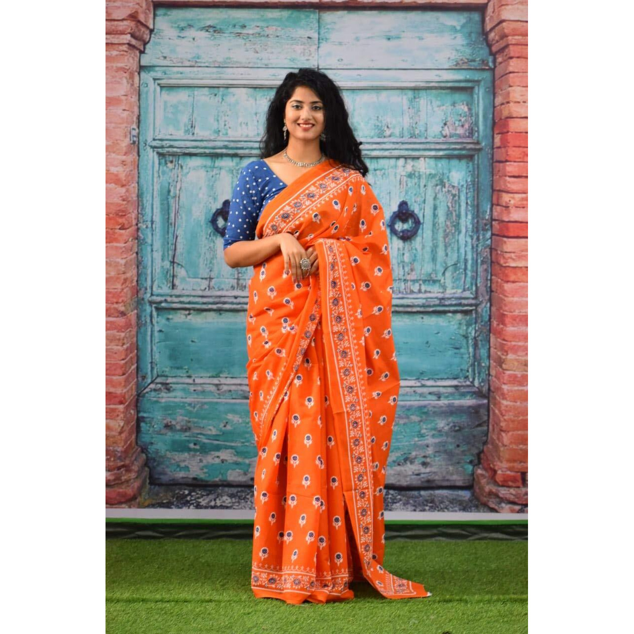 Jalther Handicrafts Womens Ikat Hand Block Print Jaipuri Cotton Mulmul Saree with Blouse Piece - Orange