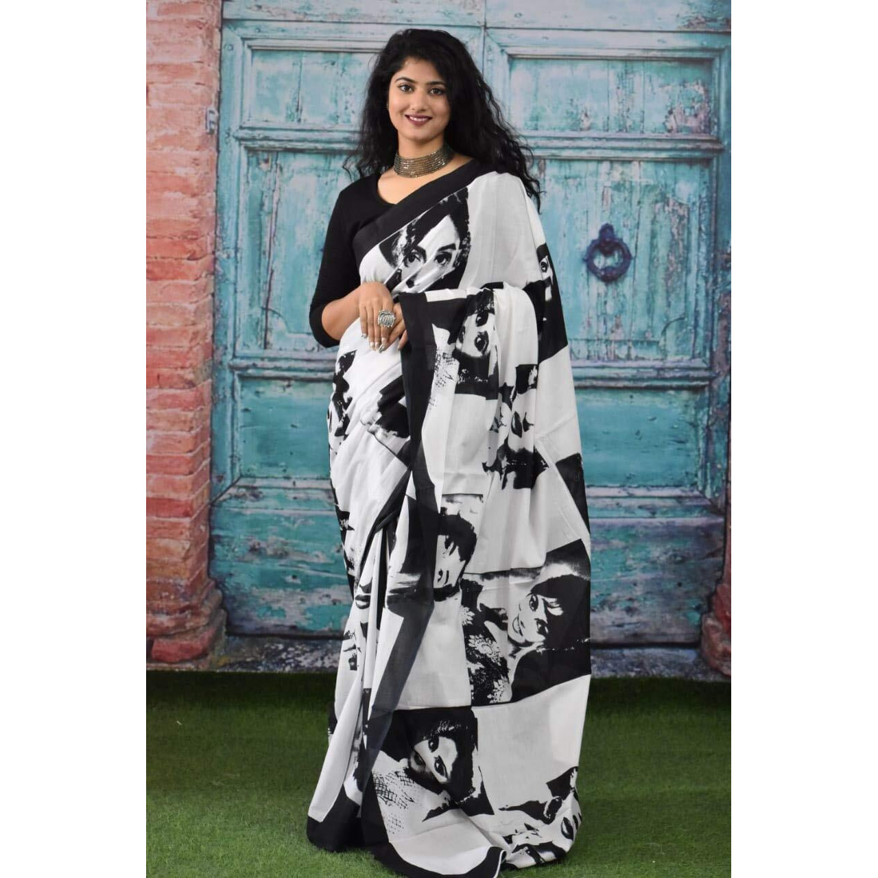 Jalther Handicrafts Womens Ikat Hand Block Print Jaipuri Cotton Mulmul Saree with Blouse Piece White