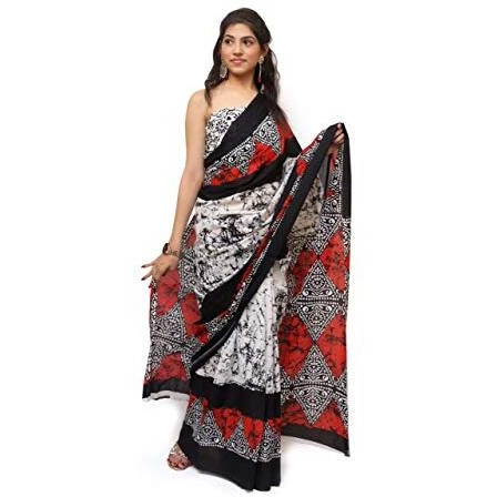 JALTHER Handicrafts Womens Ikat Hand Block Print Jaipuri Cotton Mulmul Saree with Blouse Piece - Multi