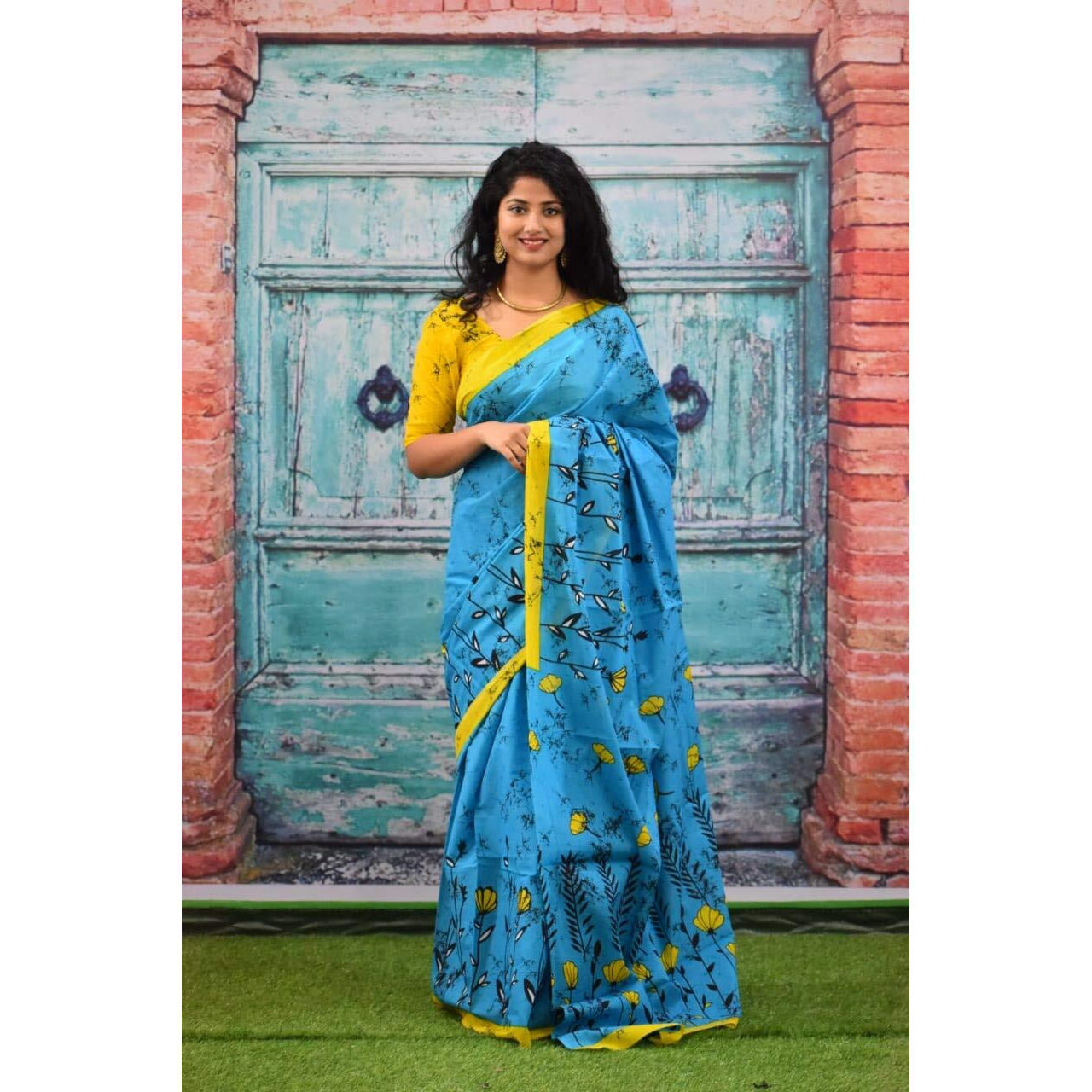 Jalther Handicrafts Womens Ikat Hand Block Print Jaipuri Cotton Mulmul Saree with Blouse Piece - Blue