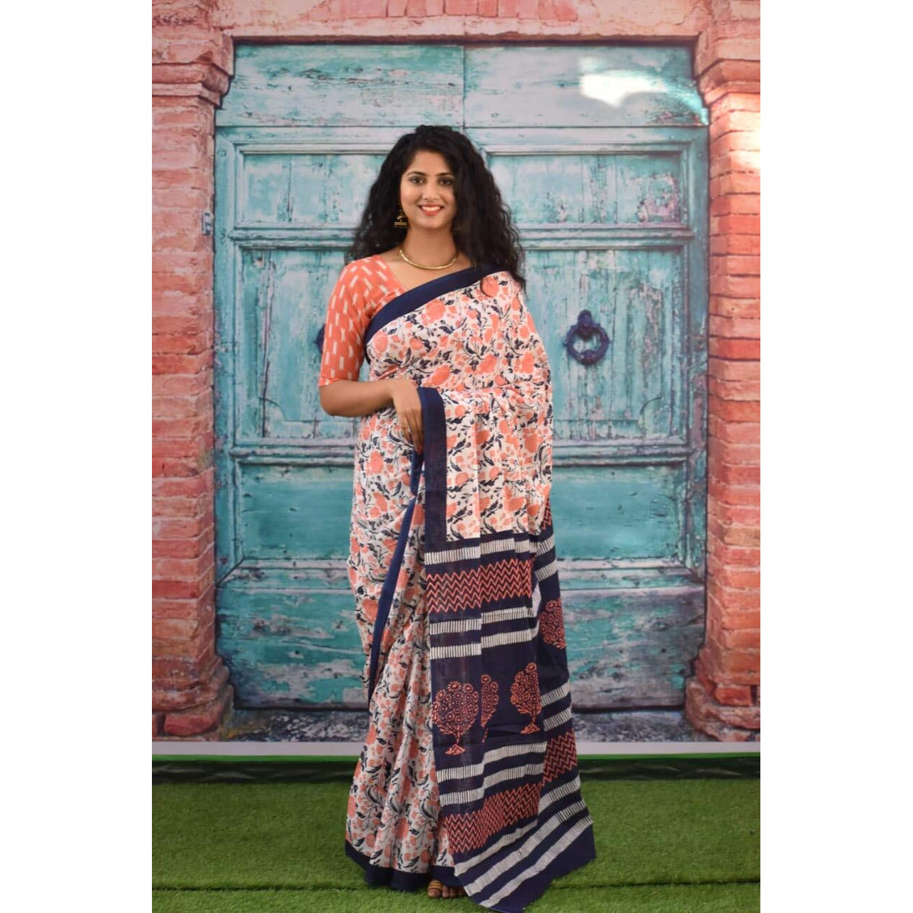 Jalther Handicrafts Womens Ikat Hand Block Print Jaipuri Cotton Mulmul Saree with Blouse Piece - White_Pink