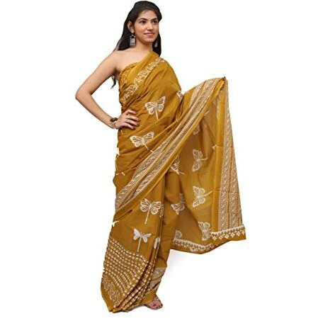 Jalther Handicrafts Womens Ikat Hand Block Print Jaipuri Cotton Mulmul Saree with Blouse Piece - Mustred